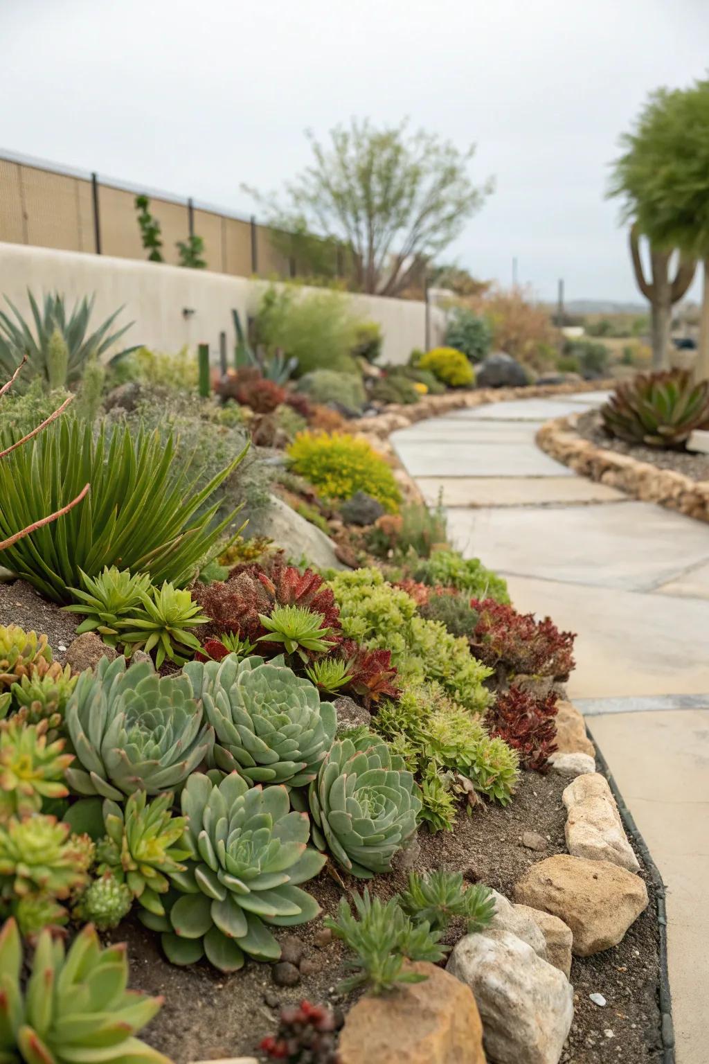 A xeriscaped garden in Portland showcasing drought-tolerant plants and succulents.