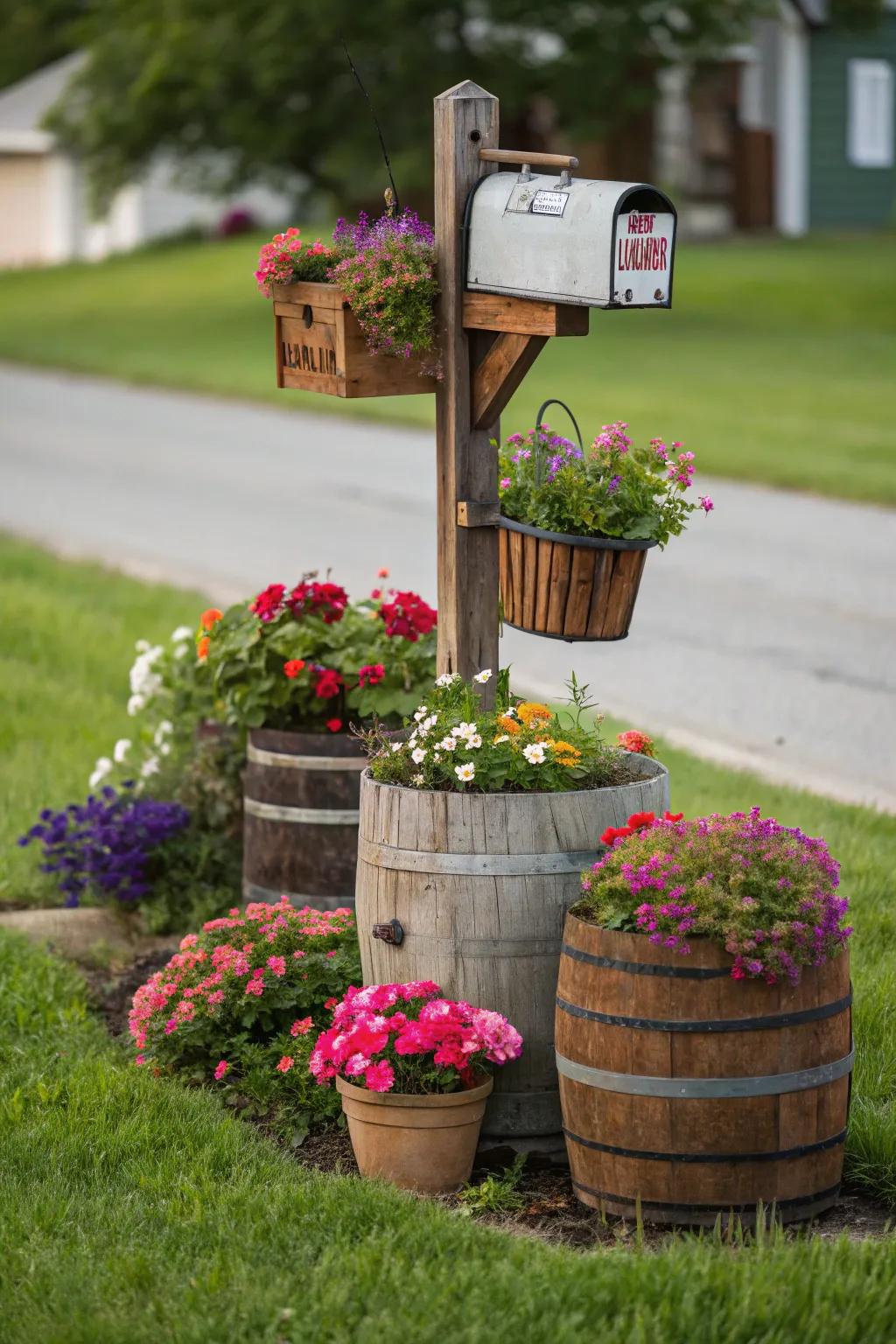 Original planters introduce charm and simplicity to mailbox landscaping.