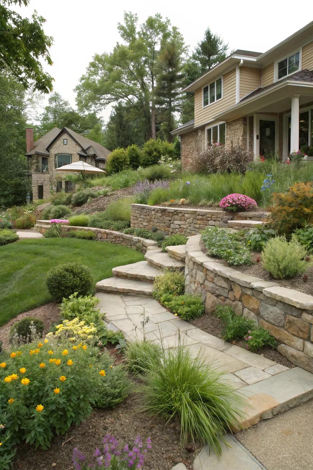 Less lawn means less work and more beauty on a slope.