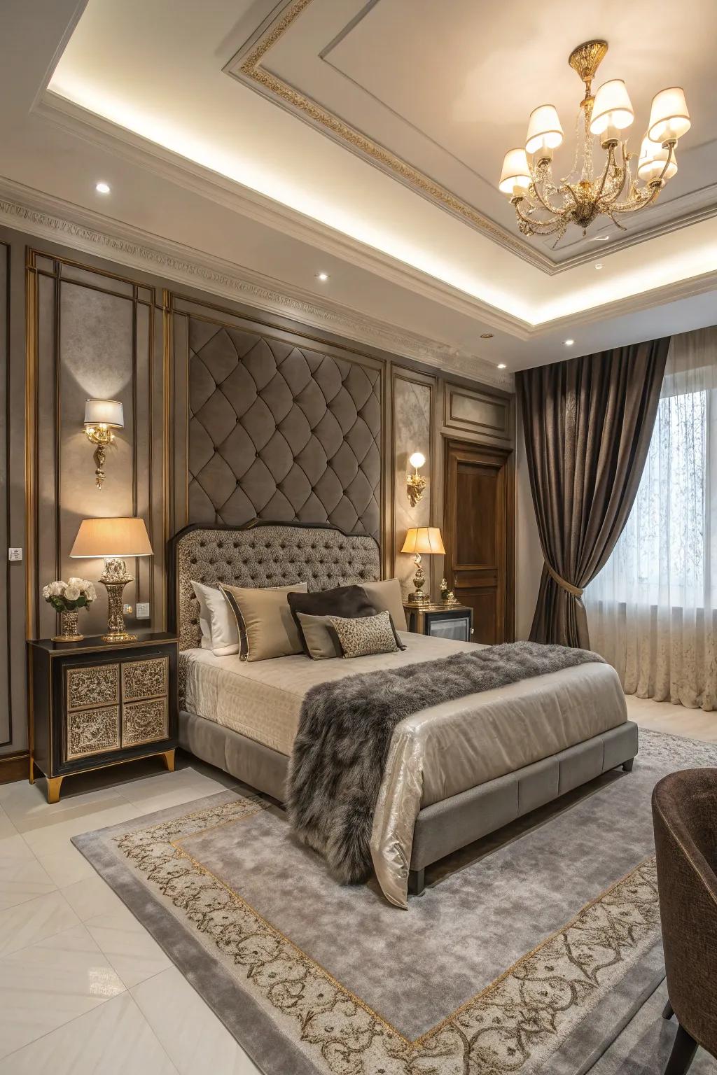 A luxurious bedroom with a fusion of modern and traditional design elements.