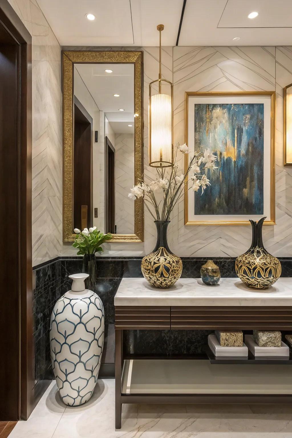 Classy decor items inject a personal element into this luxurious bathroom.