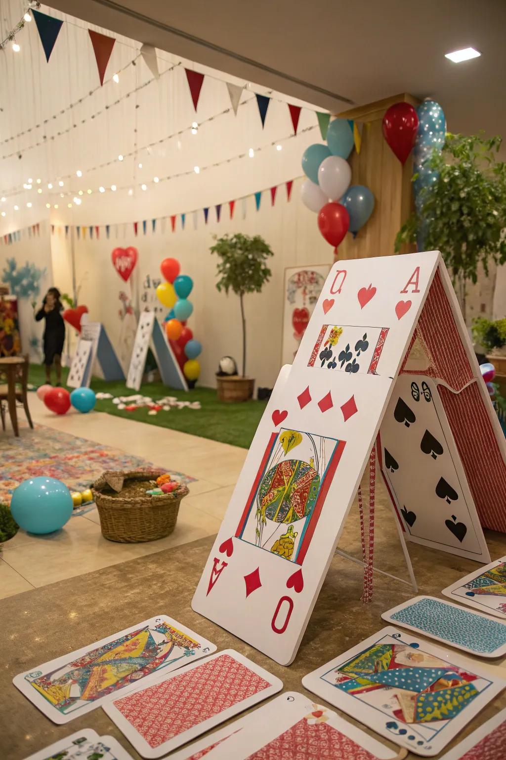 Oversized game cards impart a whimsical touch to the celebration ornamentation.