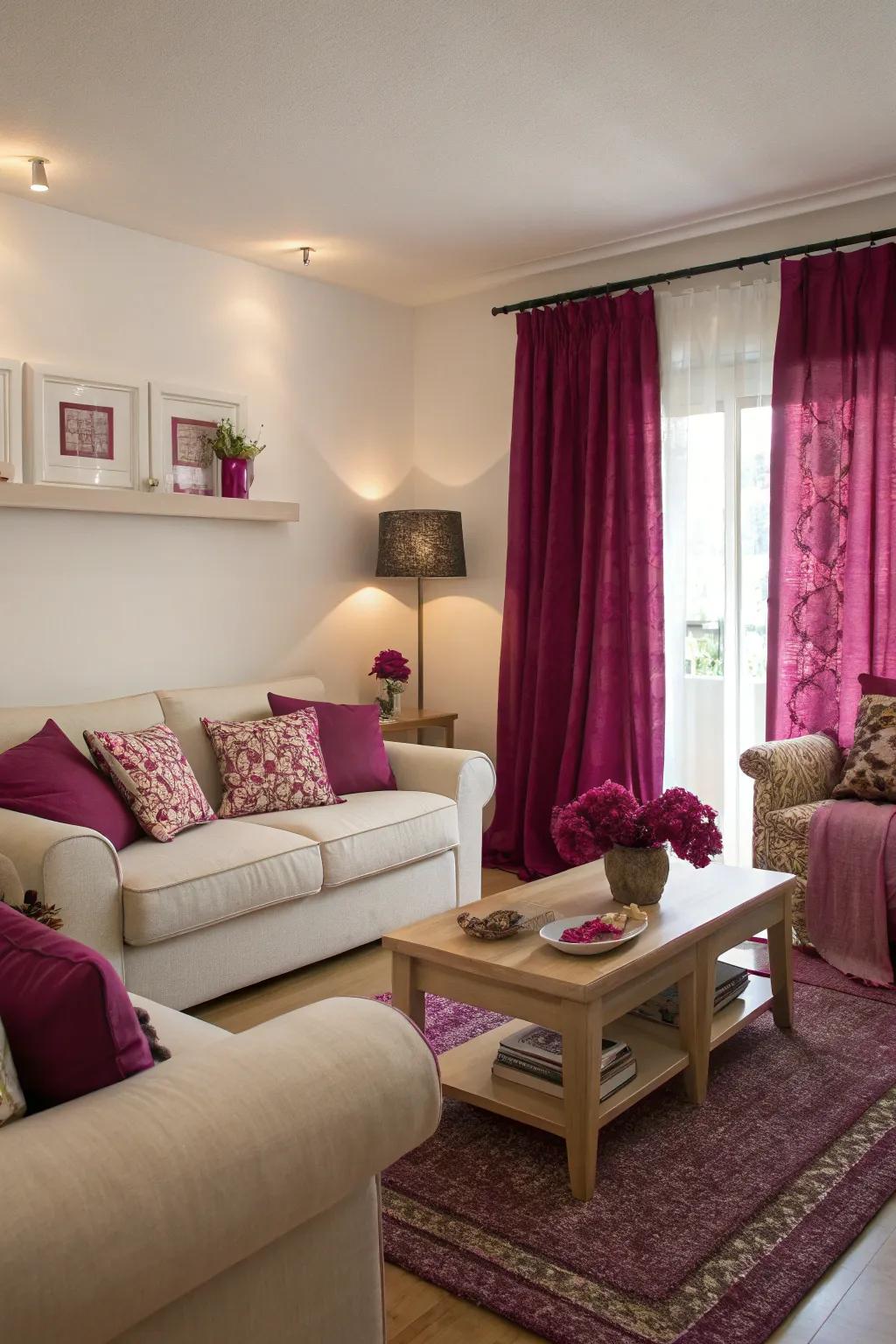 Cerise accents paired with neutrals create a balanced and inviting living space.