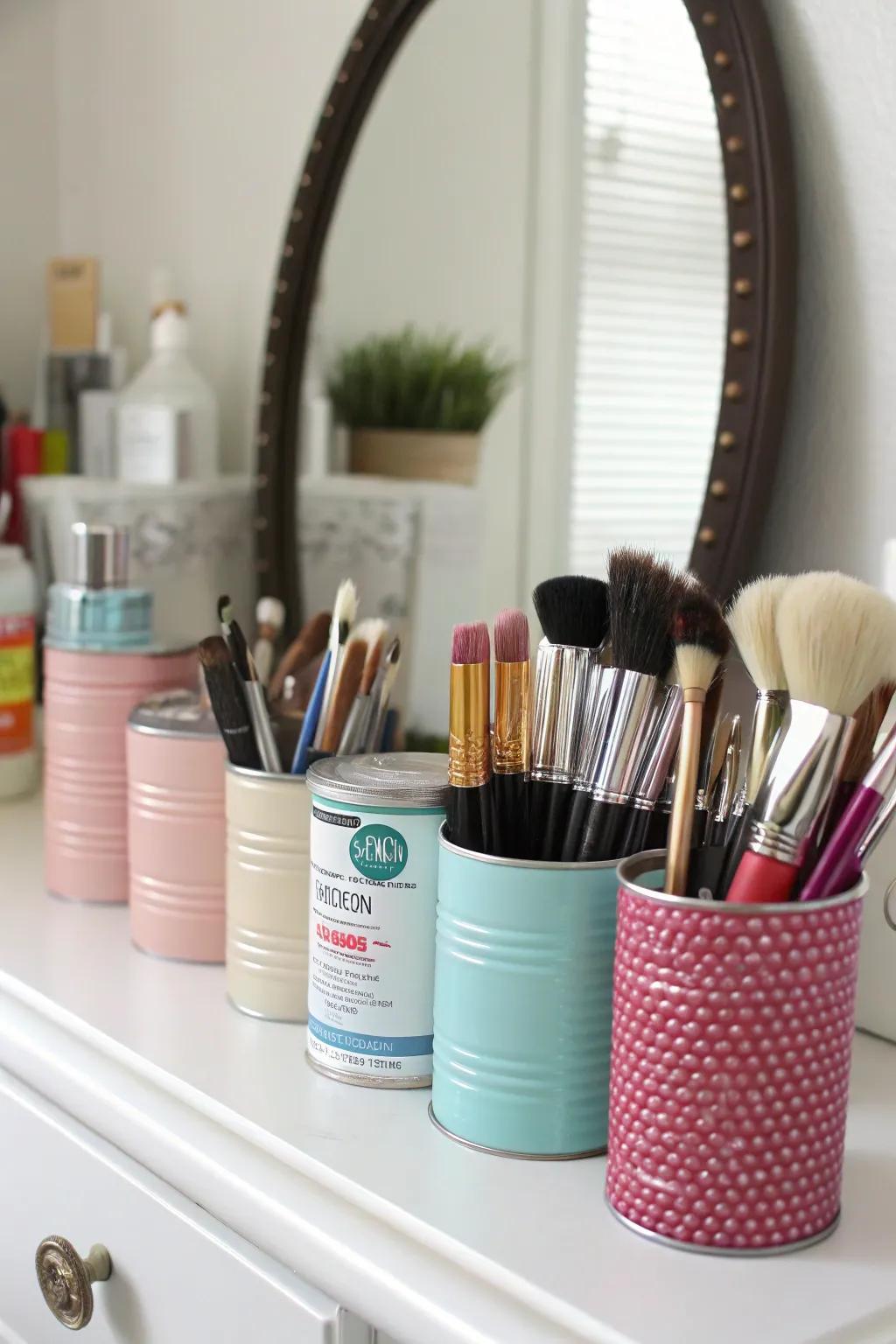 DIY holders add a personal and imaginative detail to makeup storage.