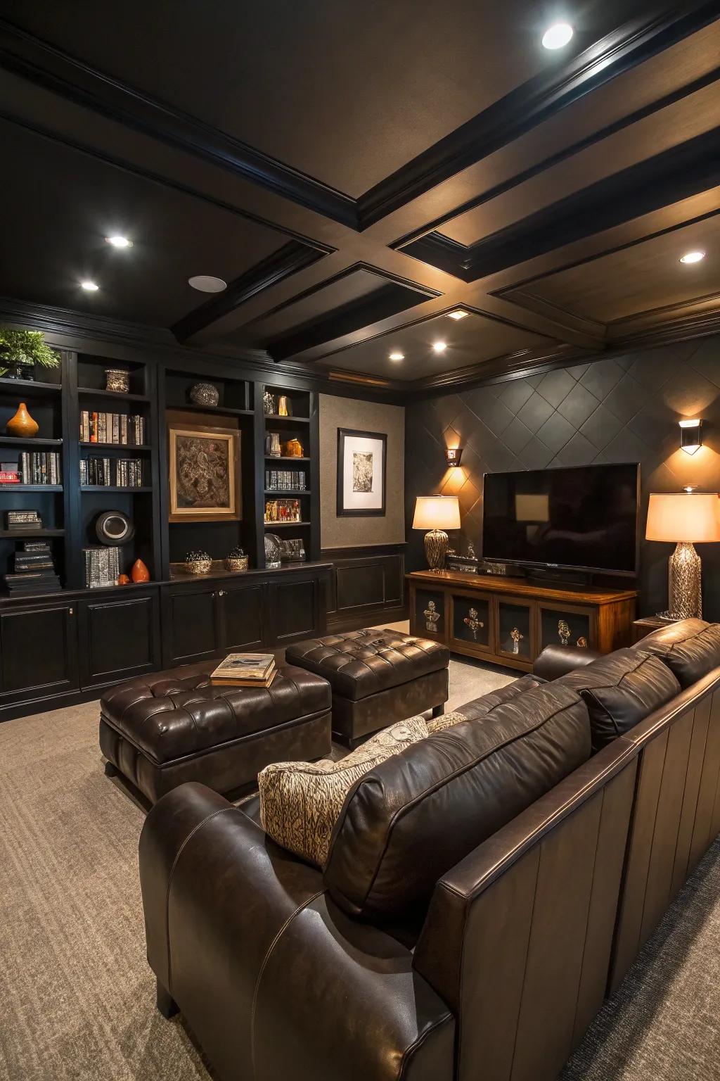 Deep color schemes elicit a cozy ambiance throughout this man cave.