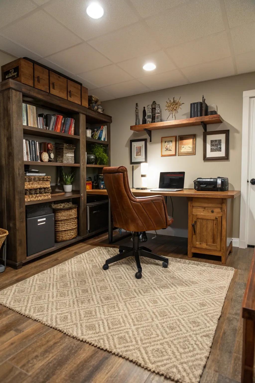 Area rugs add texture and delineate the workspace.