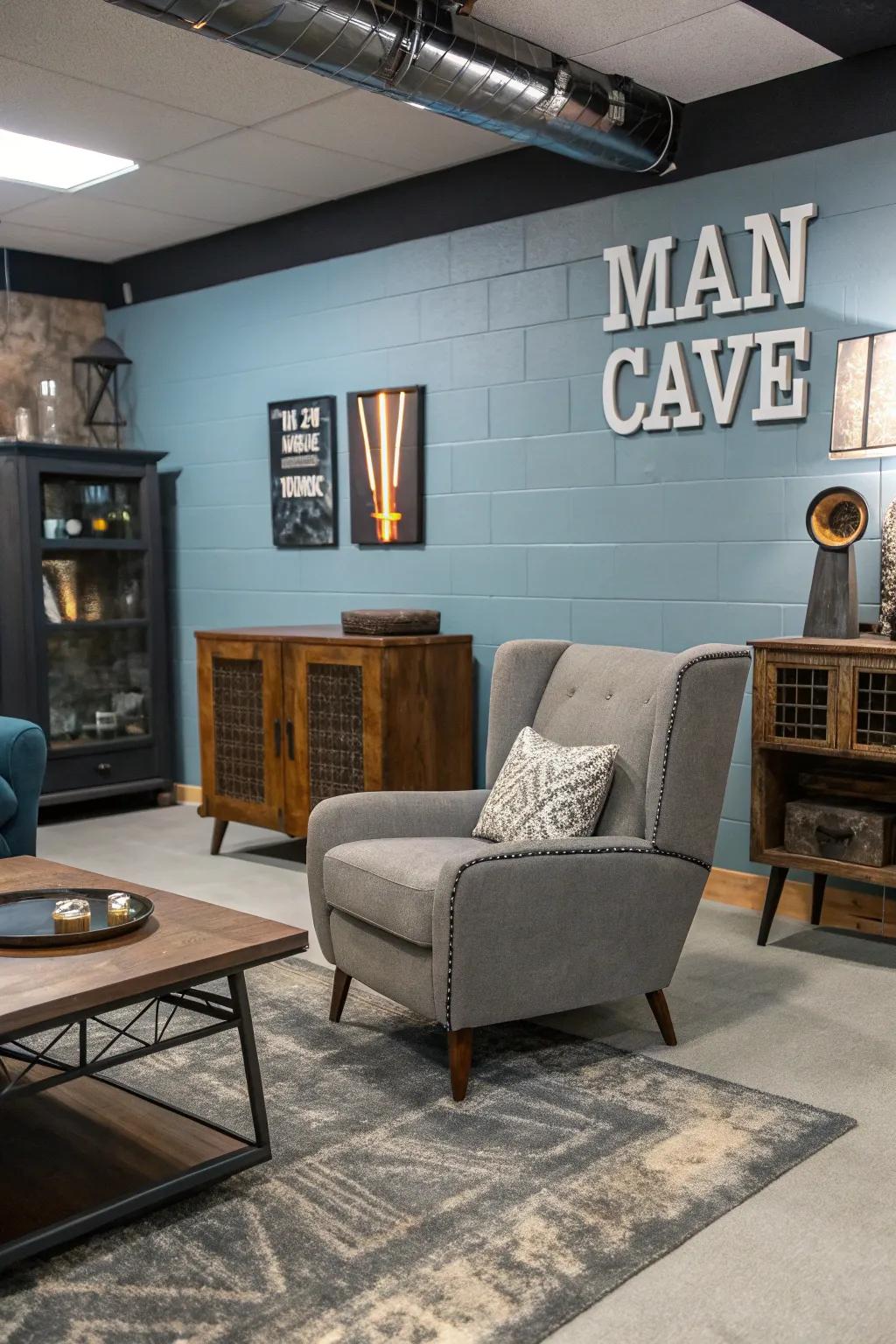 Distinctive and stylish furniture pieces in a man cave.