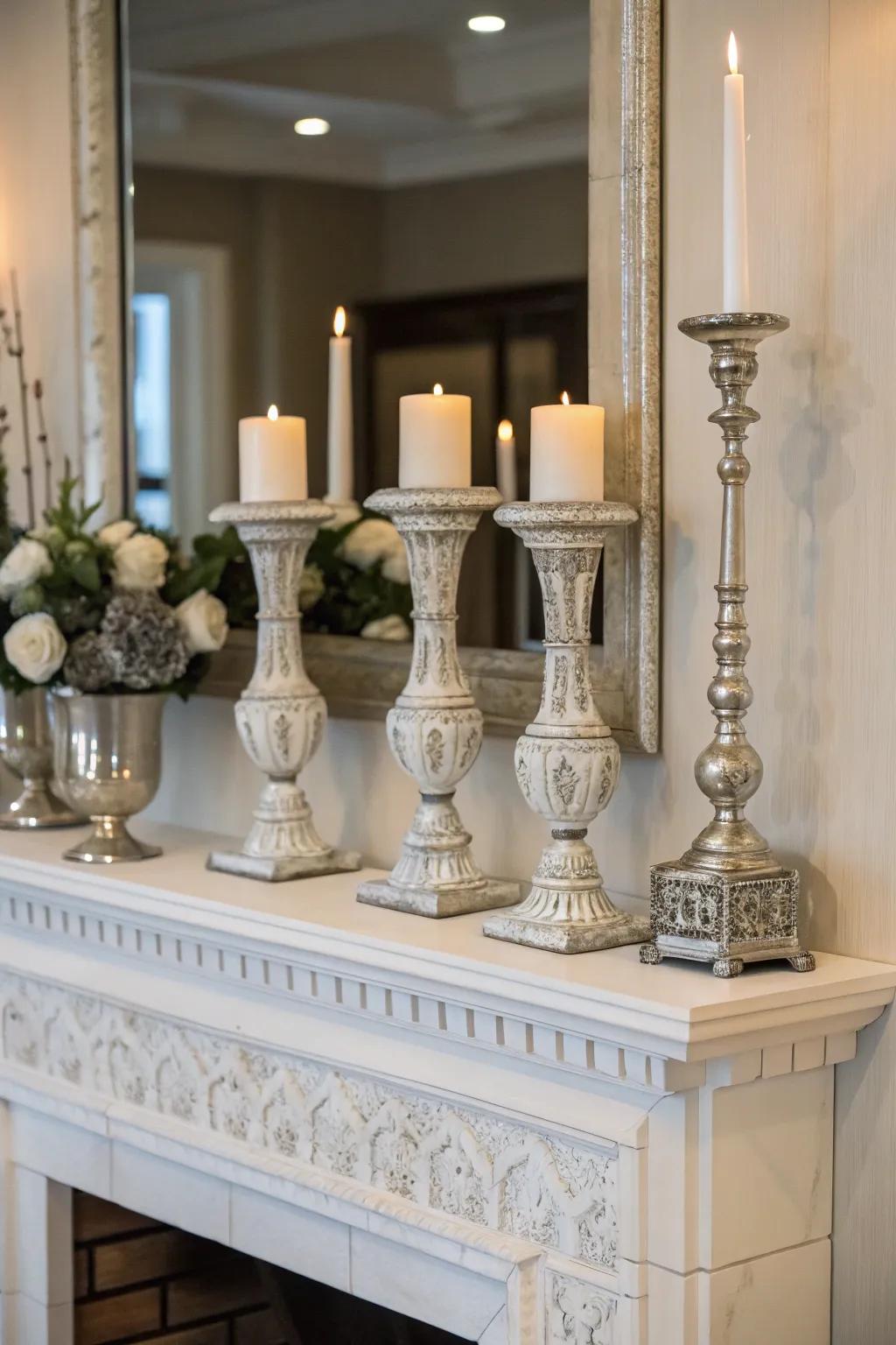 Symmetrical arrangements add a harmonious and balanced feel to the mantel.