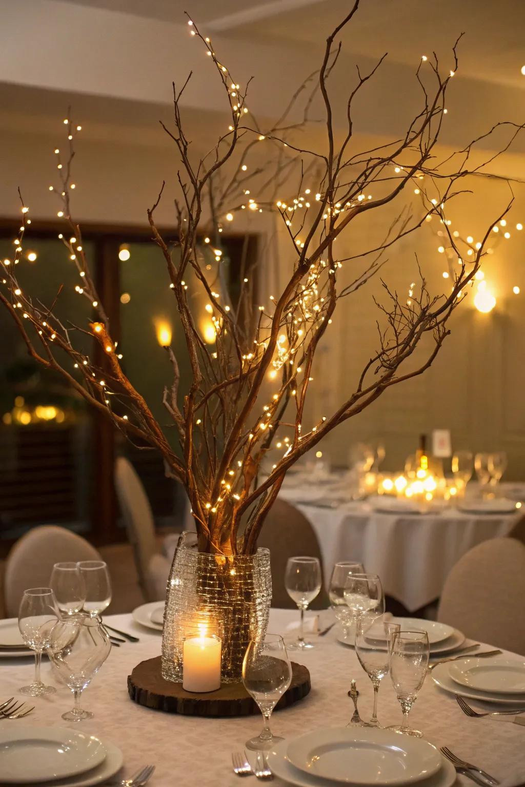 Playful sparkle lights craft a bewitching manzanita table centerpiece.