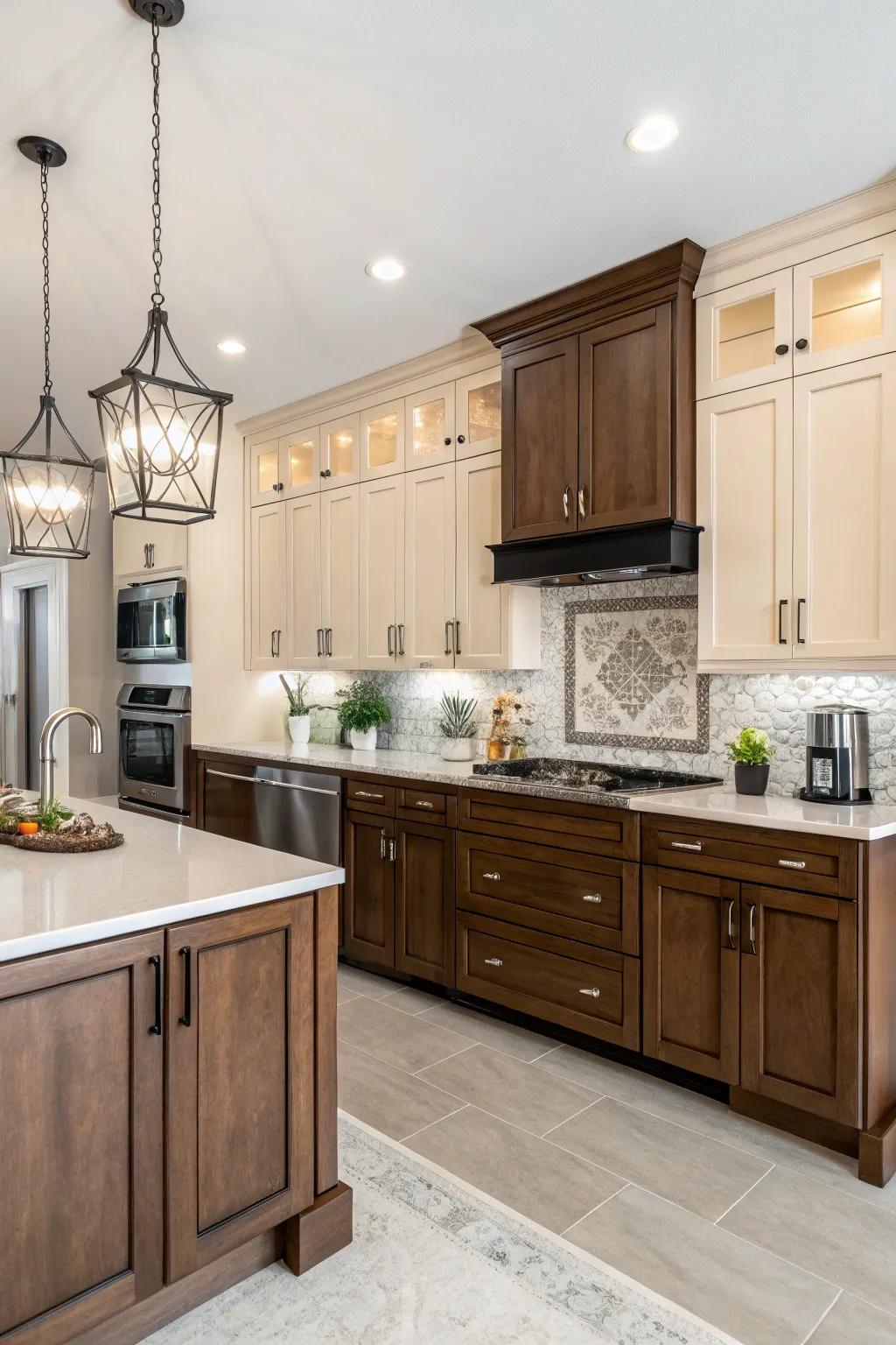 A culinary space featuring dual-tone lightwood units for a distinctive and vibrant presentation.