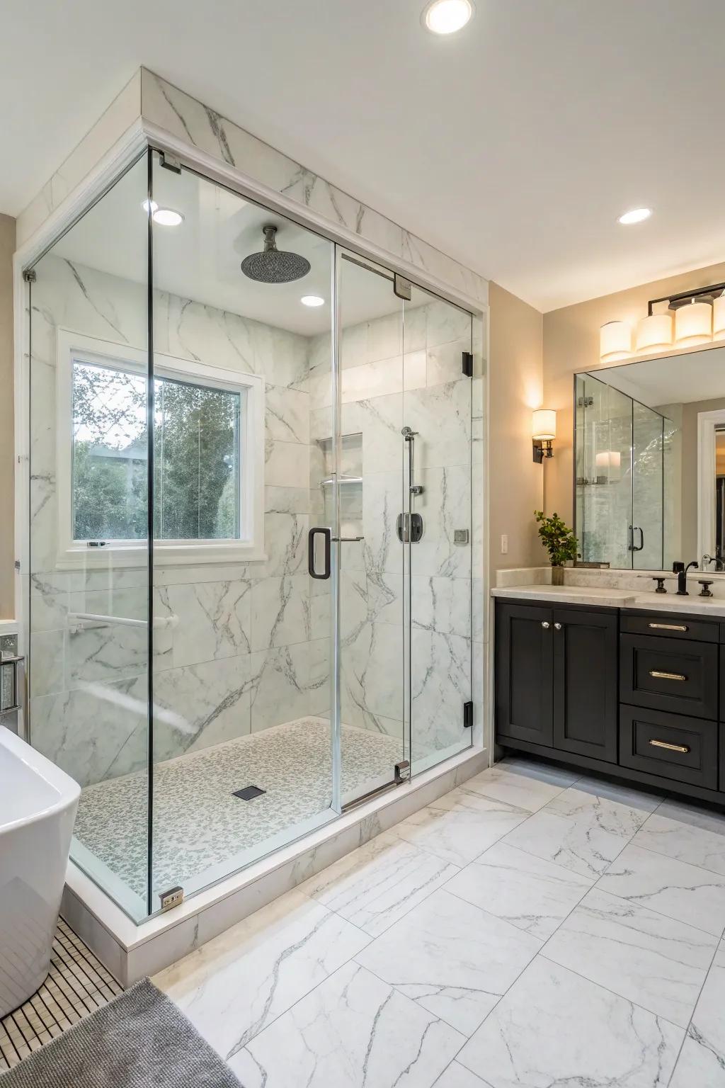 An unrestricted and alluring walk-in shower enclosure featuring limestone-effect tiles and frameless glass.