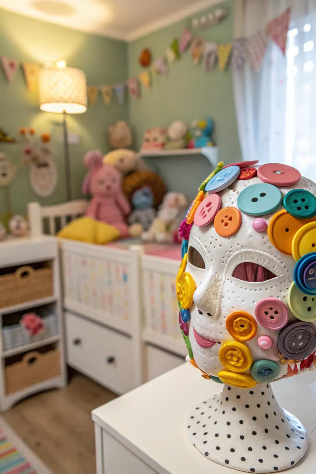 A whimsical mask sculpture adding cheer to any space.