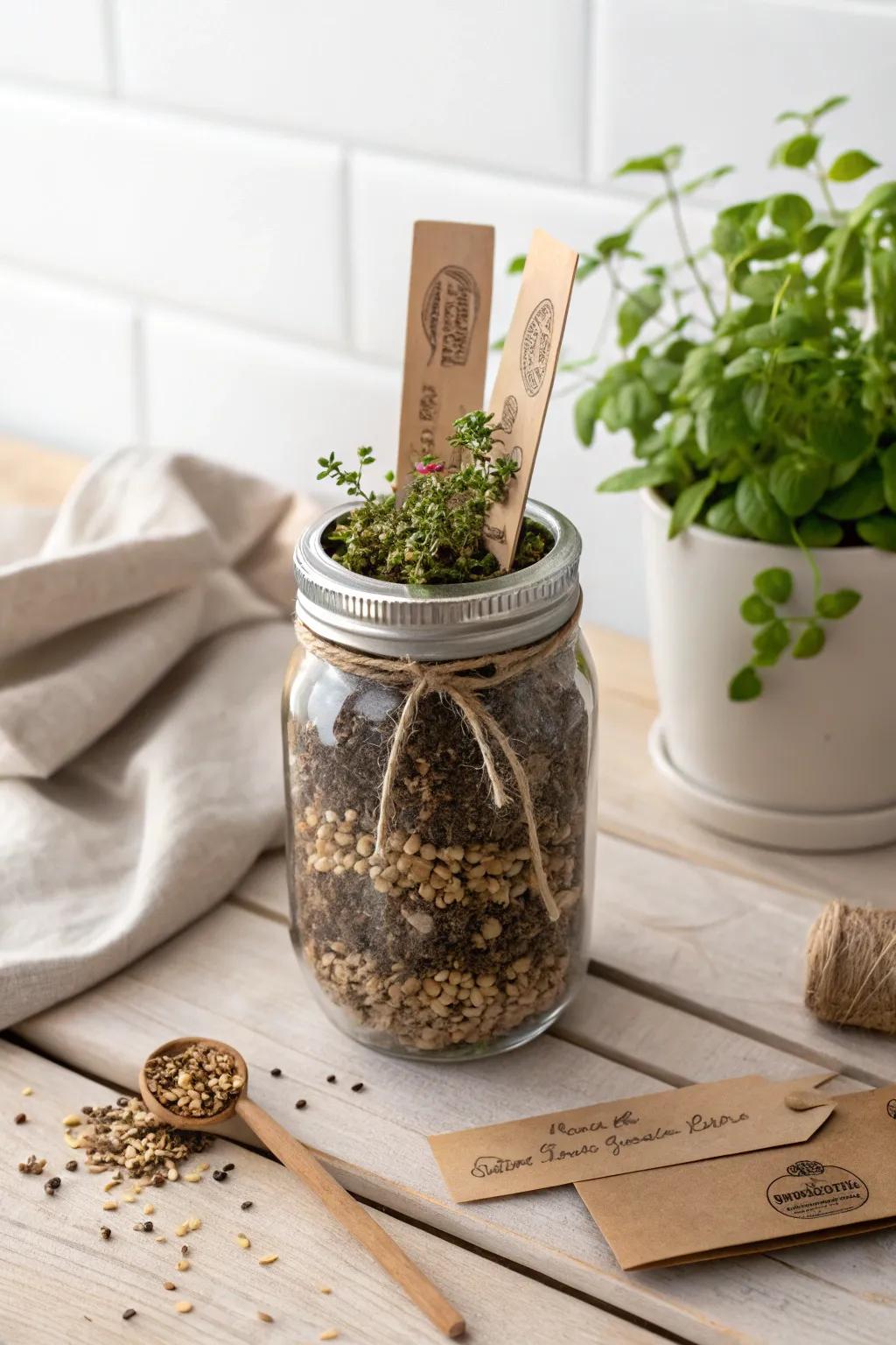 Gift the delight of gardening through this captivating mason jar loaded with seeds and soil. Ideal for cultivating a green thumb!