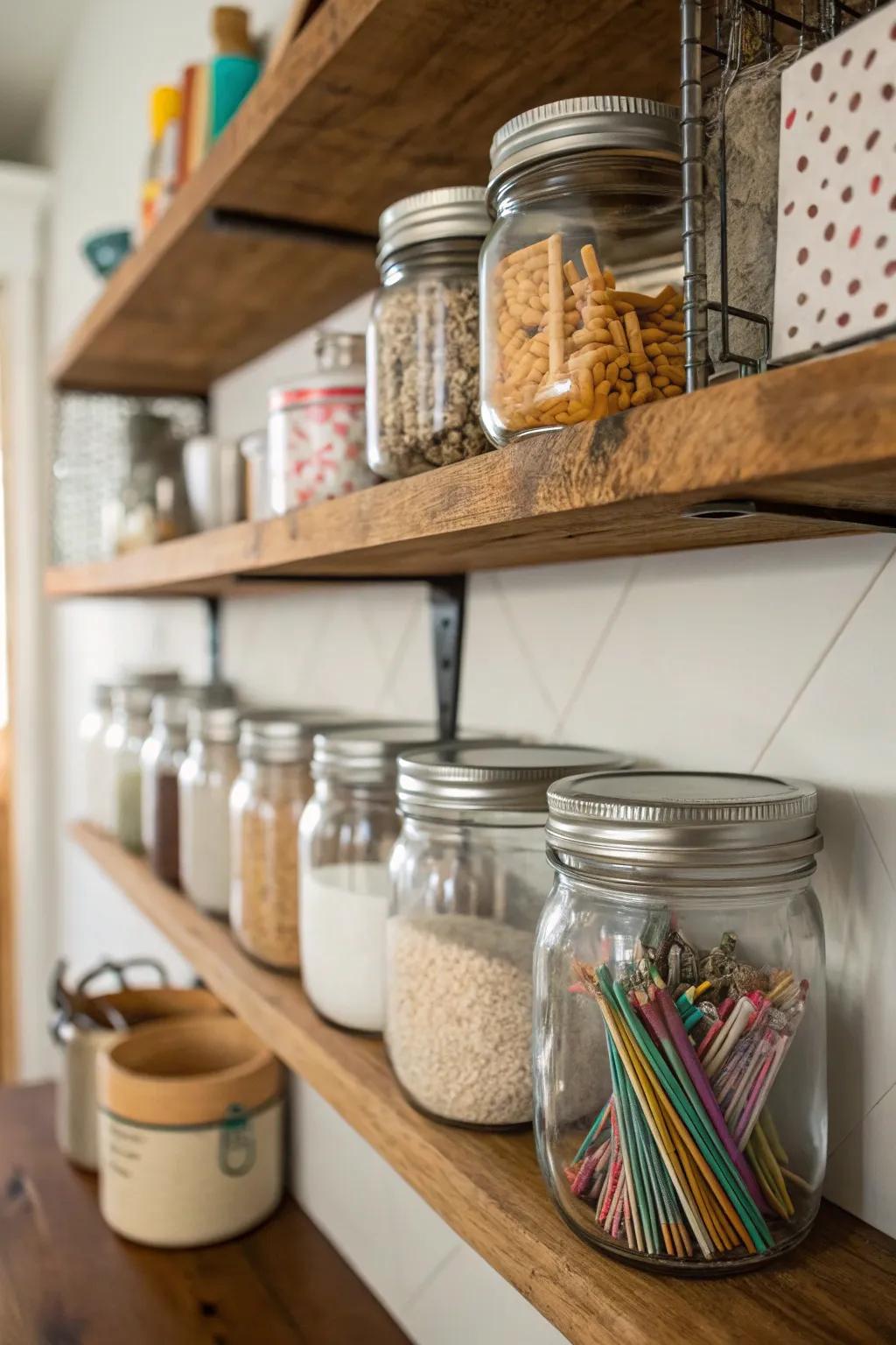 Arrange in style utilizing glass jars for storing items.