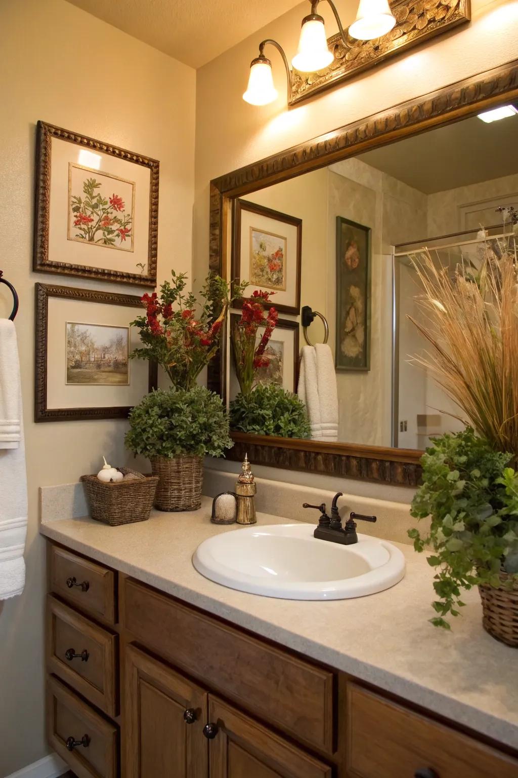 A restroom vanity adorned through ornamental flora and encased artistic pieces.