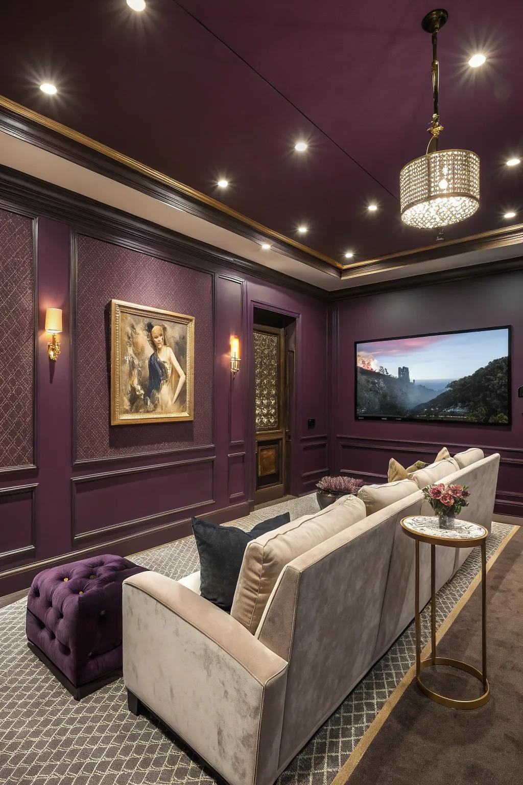 A luxurious media room featuring royal purple walls, radiating elegance.