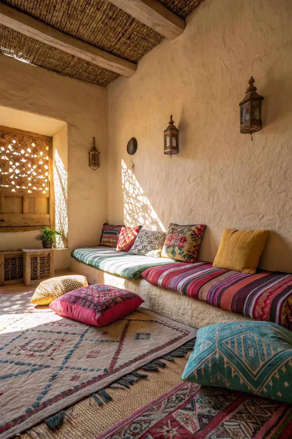 A bedroom featuring colorful cushions and a textured rug.