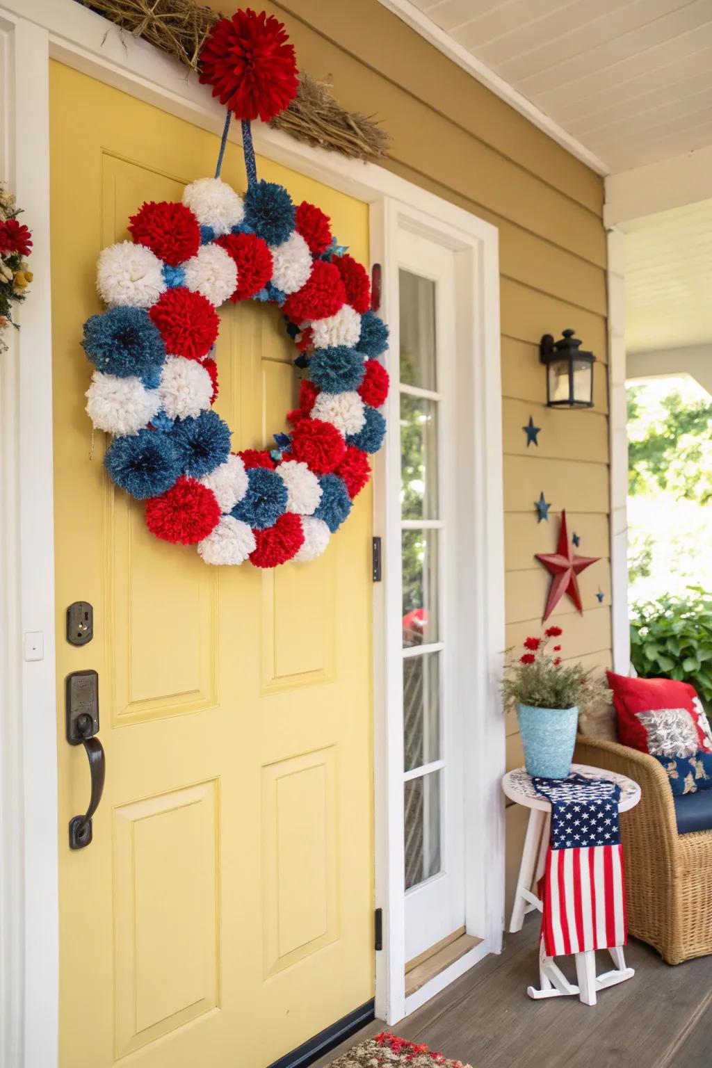 A joyful and whimsical pom-pom wreath, rich in patriotic colors.