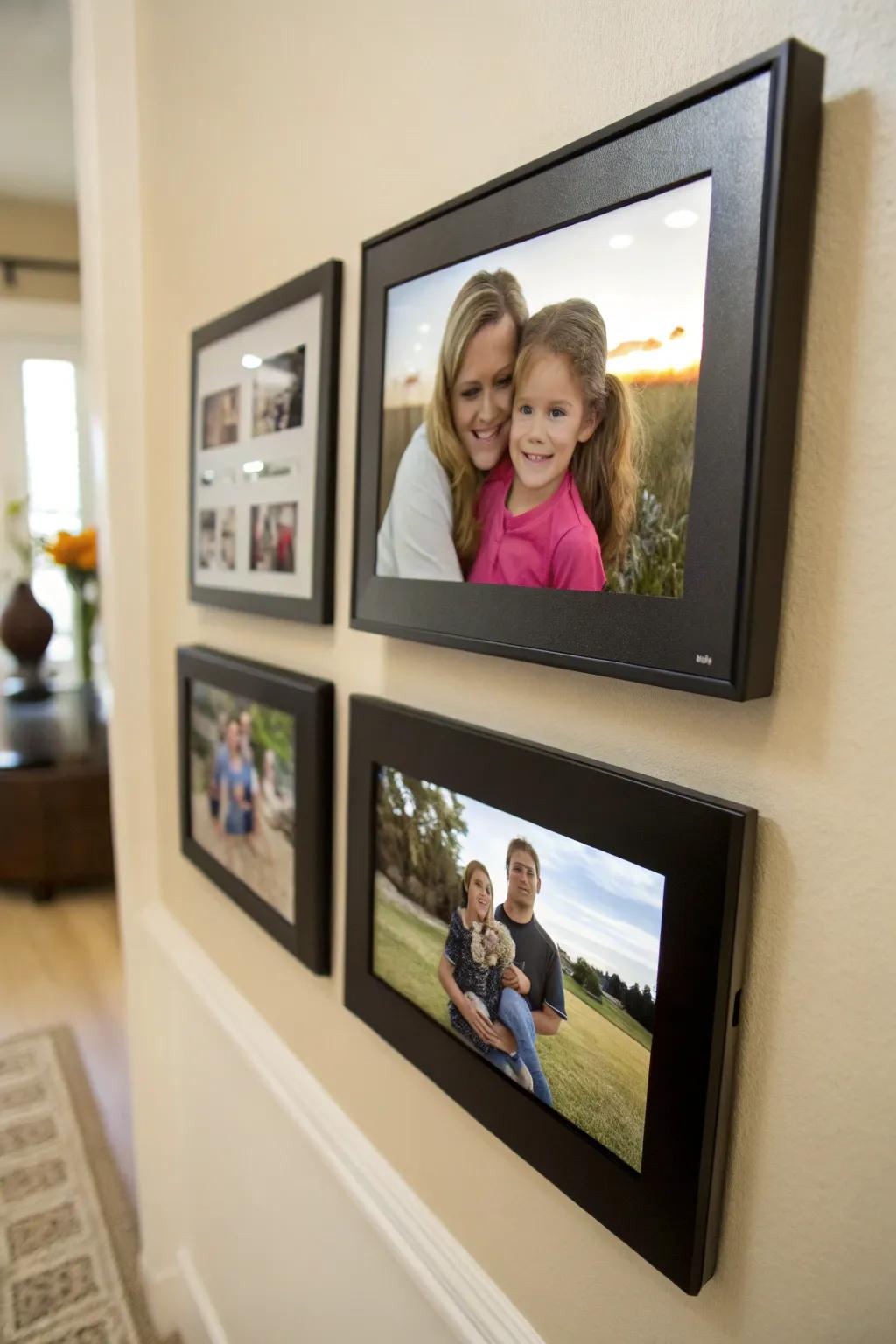 An electronic picture display showcasing a revolving gallery of memories.