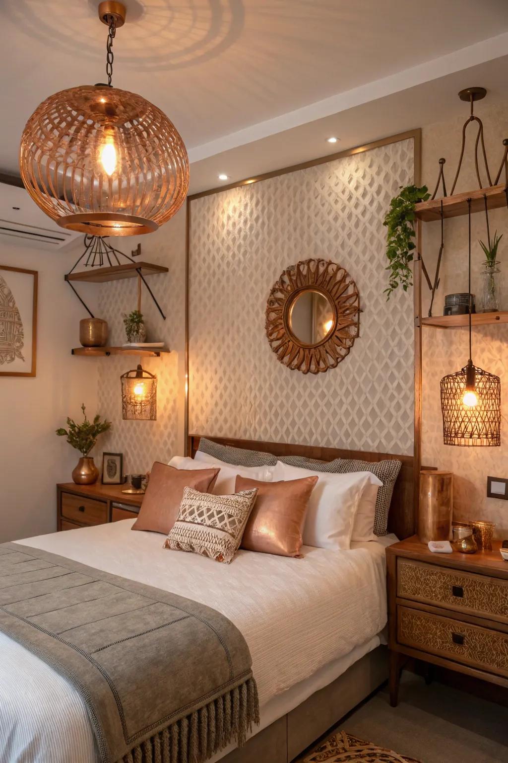 Copper touches subtly elevate the room's sophistication.