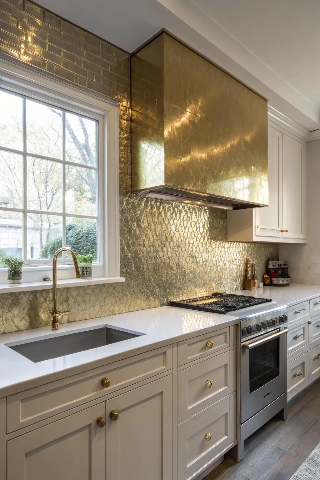A kitchen that features a striking GoldenAge brass backsplash.