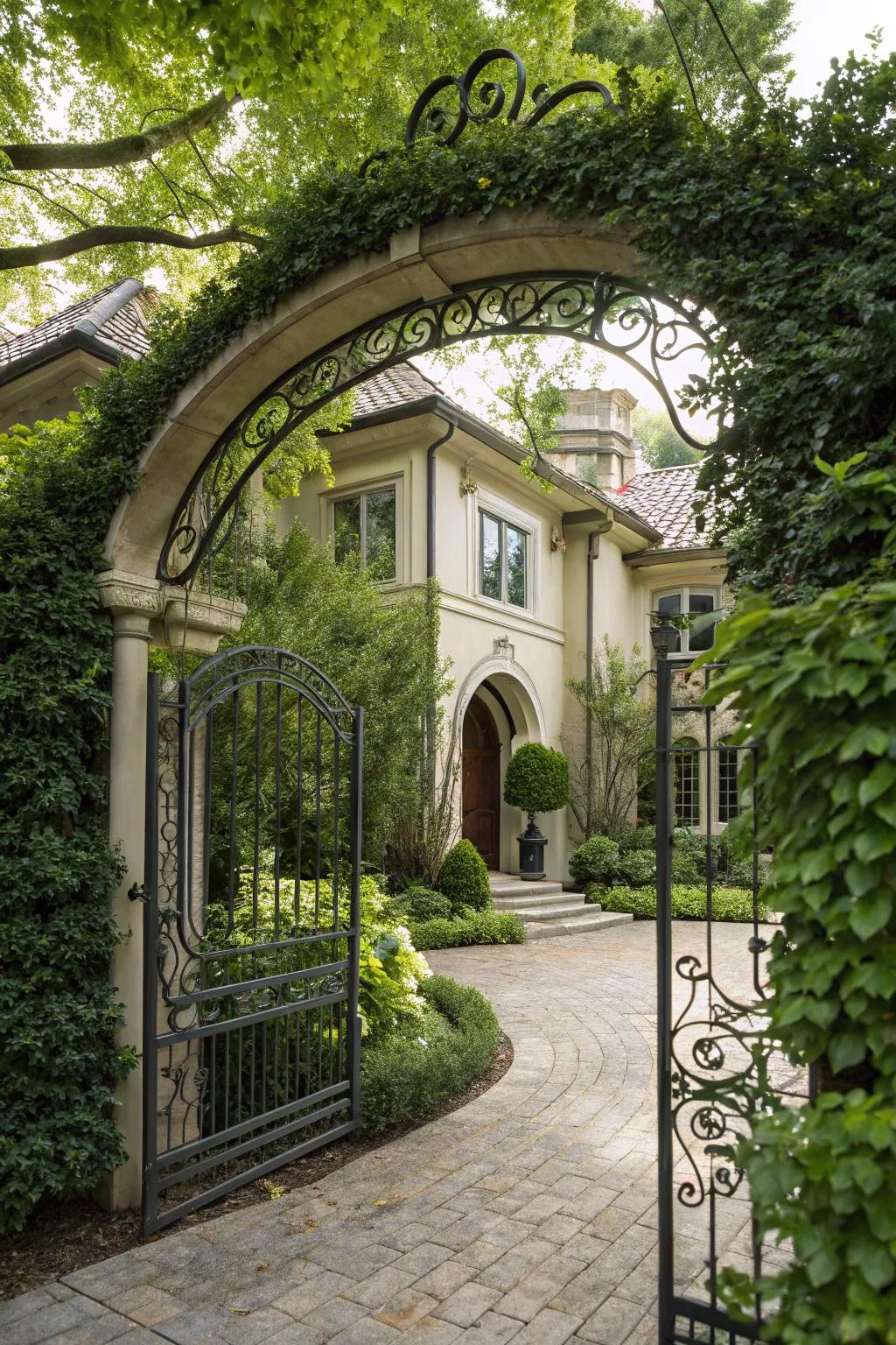 An arched metal gate forging a majestic gateway to your residence.
