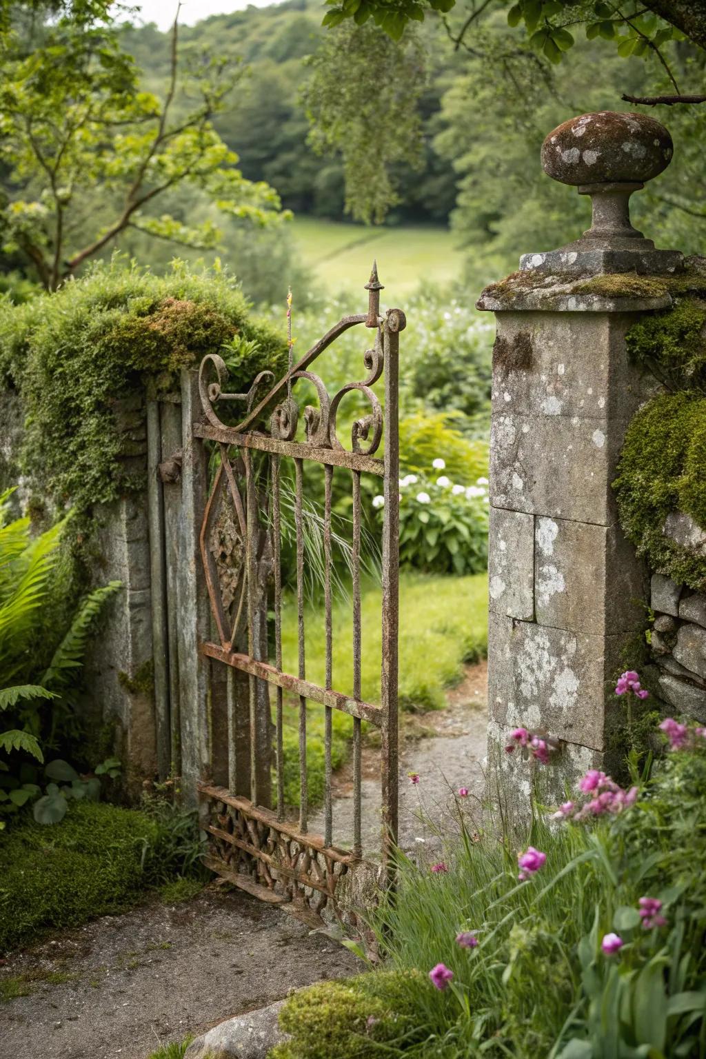 Country-inspired gates contribute antique allure to garden entries.