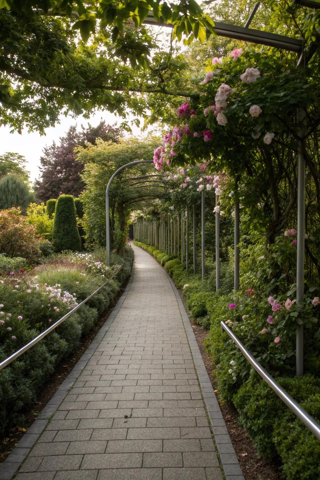 Metallic edging defines and enhances garden circulatory routes.