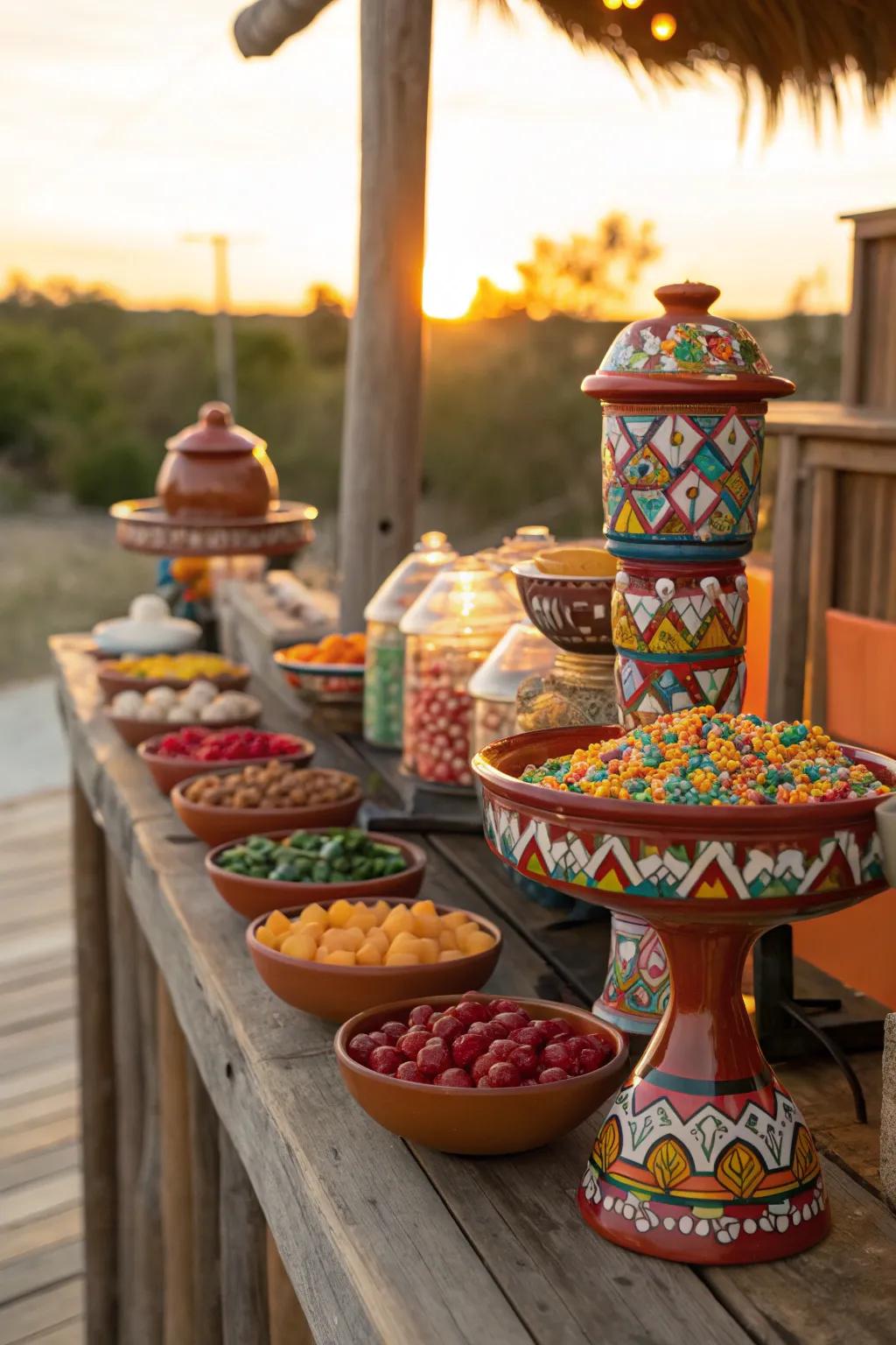 Utilize vivid Mexican pottery to hold your candies, incorporating authenticity and charm to your presentation.
