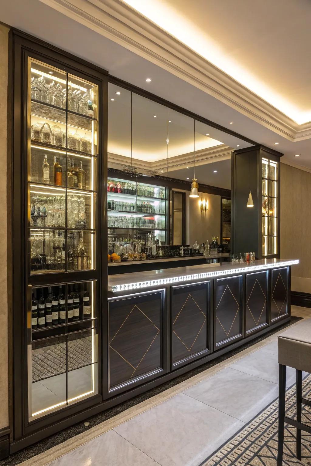 Reflective surfaces augment the discernment of expanse and luminescence within a streamlined bar.