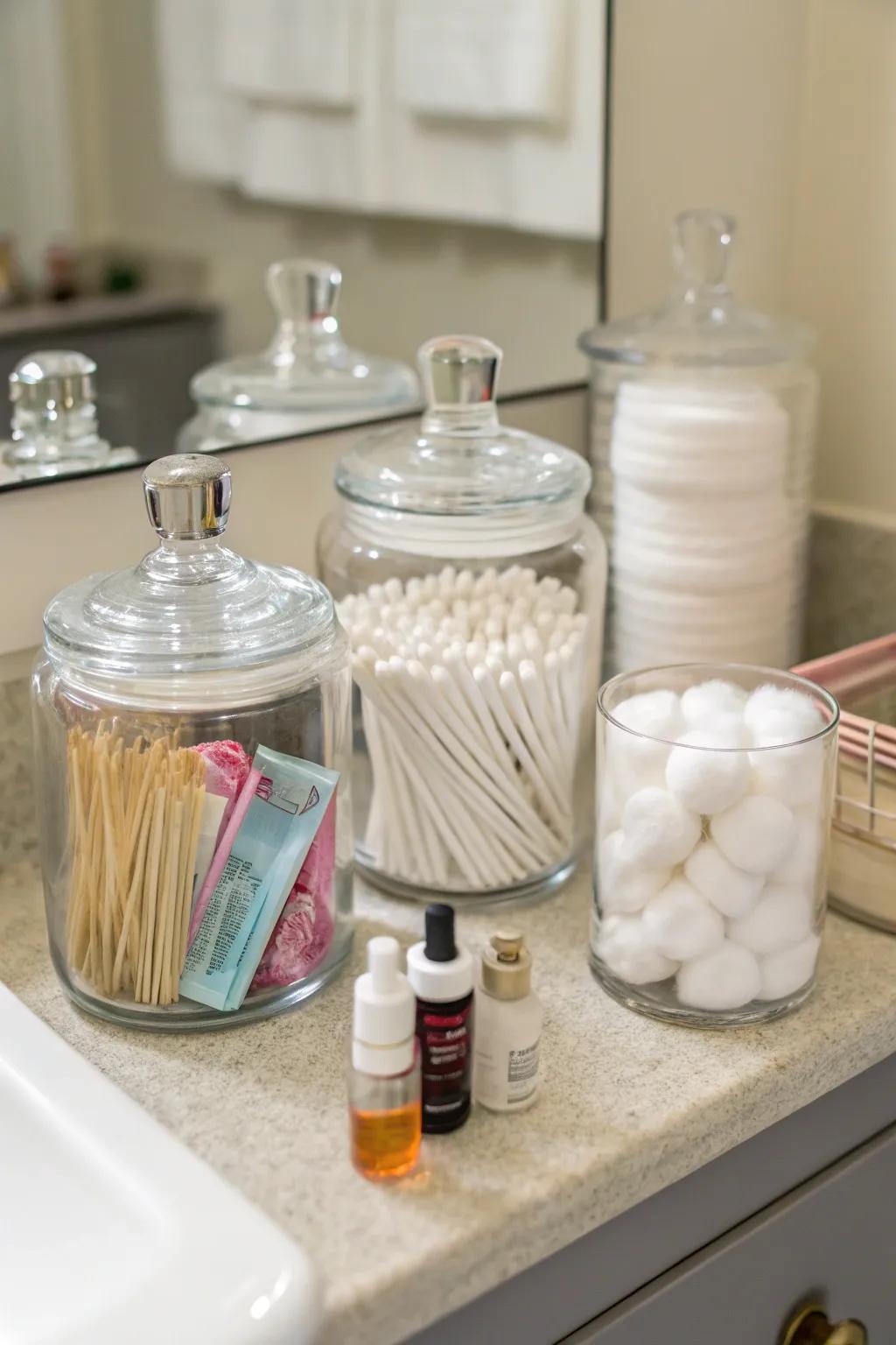 Organized jars maintain bathroom essentials tidy and stylish.