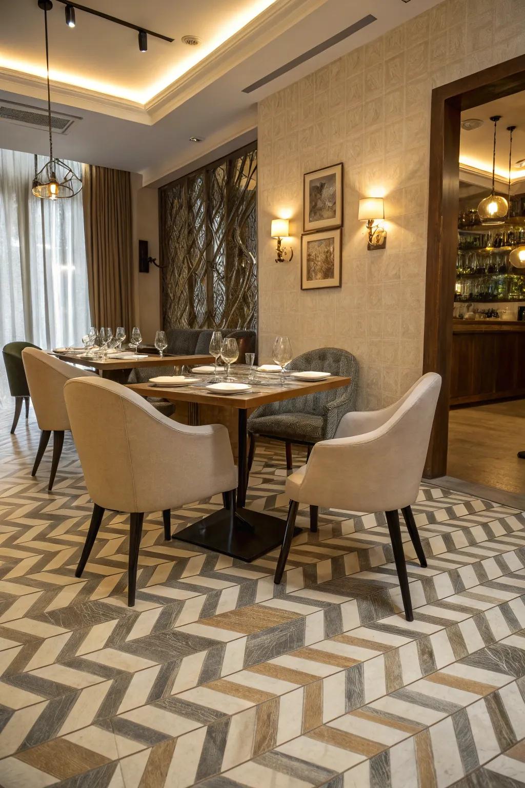 Chevron paneling adds an artistic accent to a dining sector.