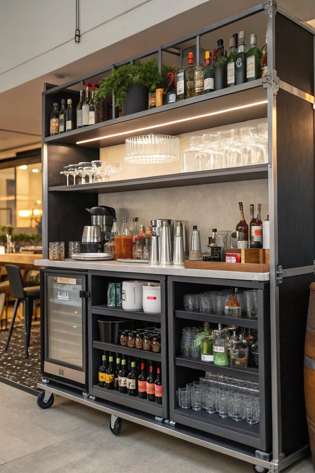 Smart organization ensures easy access to essentials in this rolling bar.