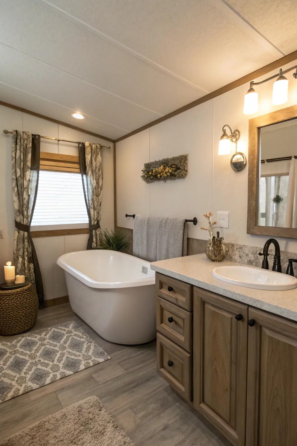 A spa-inspired bathing suite featuring a freestanding tub and elegant decorations, providing a luxurious sanctuary.