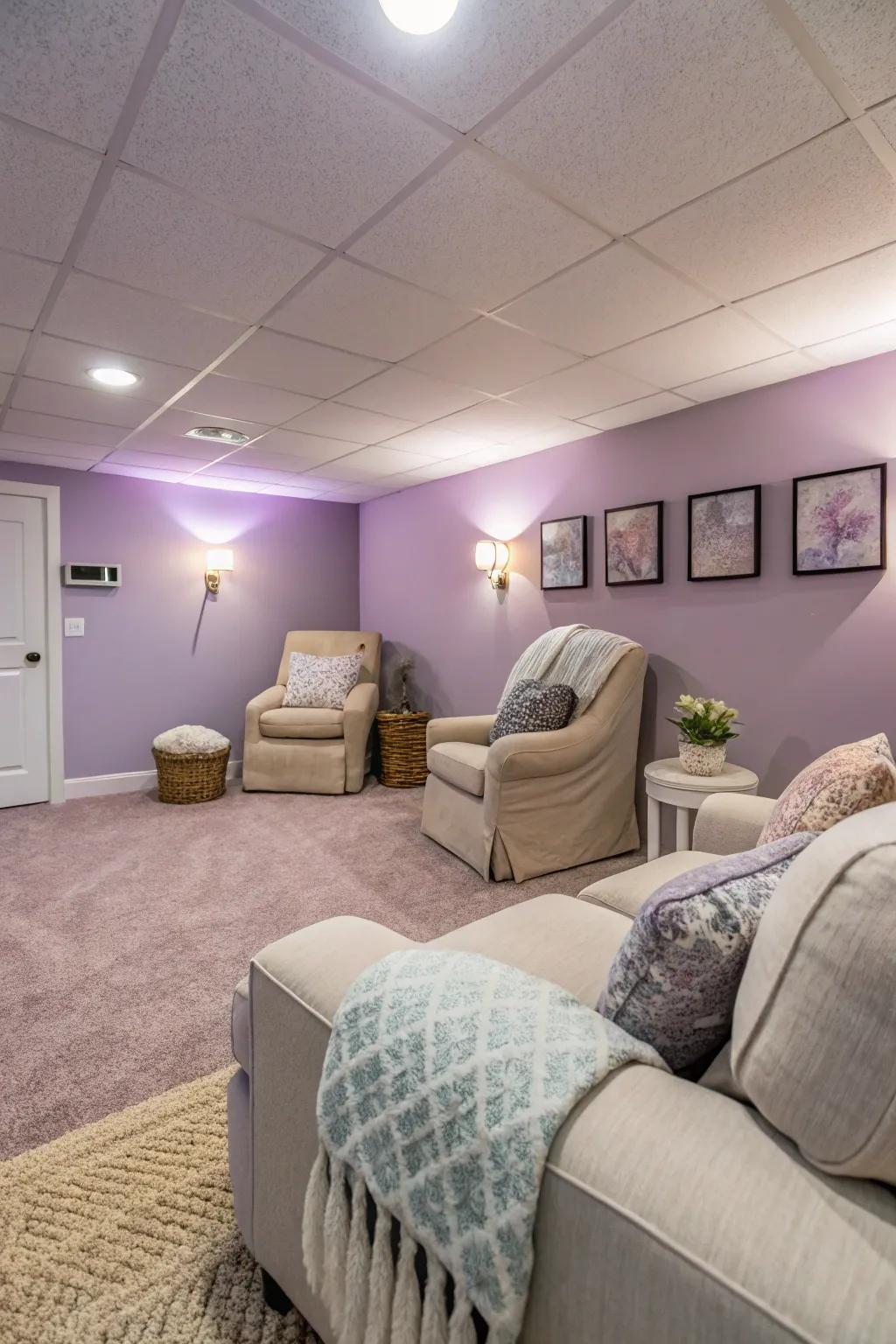 Gentle lilac delivers a tranquil and soothing basement atmosphere.