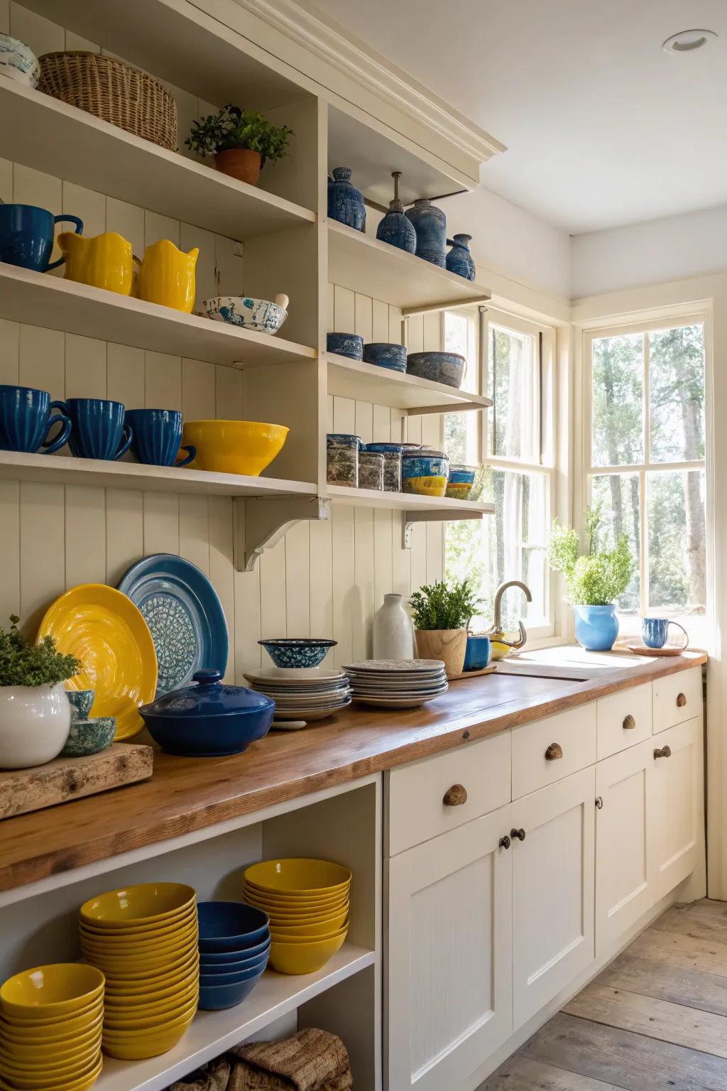 Exposed shelving emphasizes colorful dishware, forming a welcoming display.