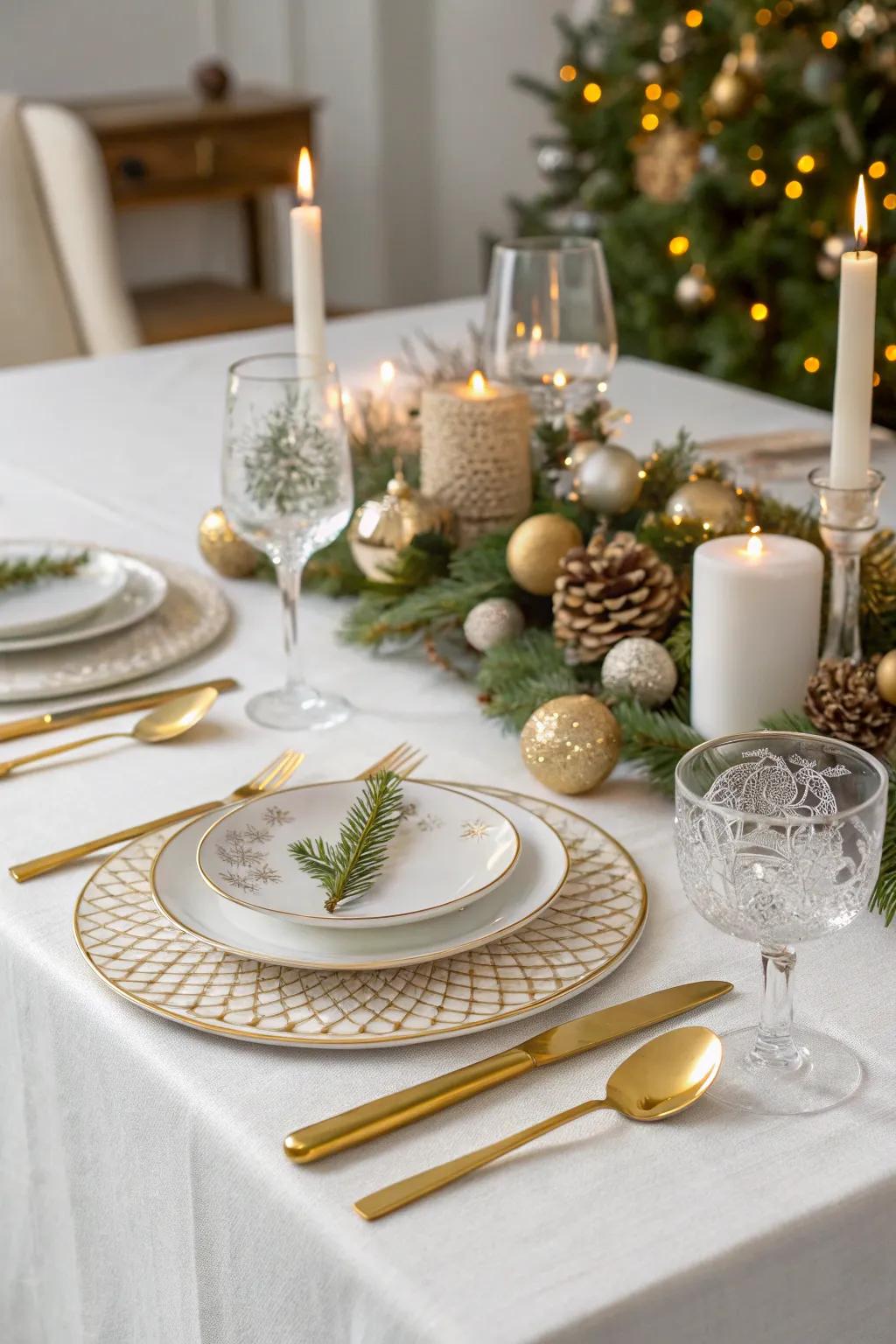 An opulent Christmas table exhibit showcasing gilded elements.