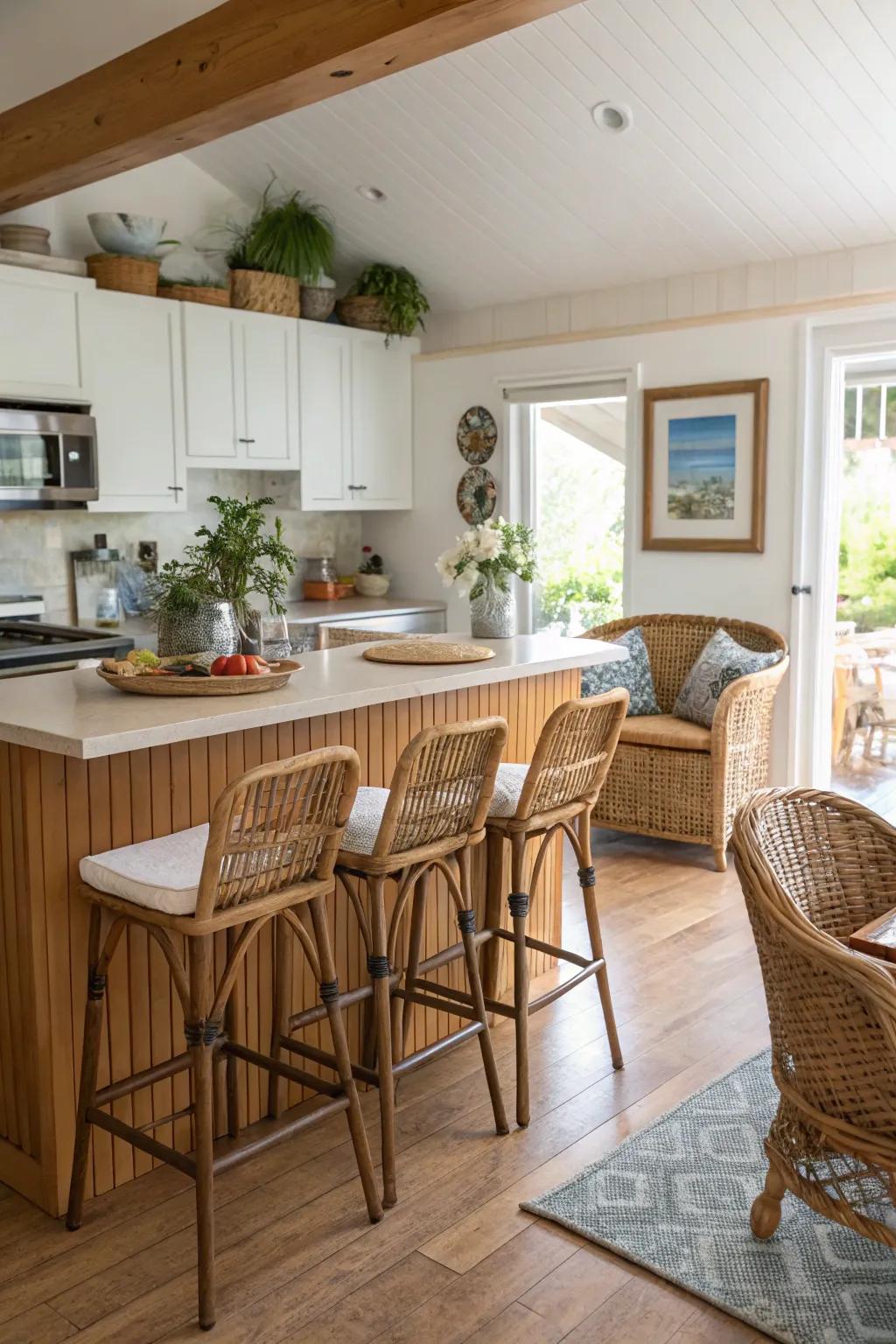 Wicker furniture brings a sense of relaxed sophistication to this kitchen.
