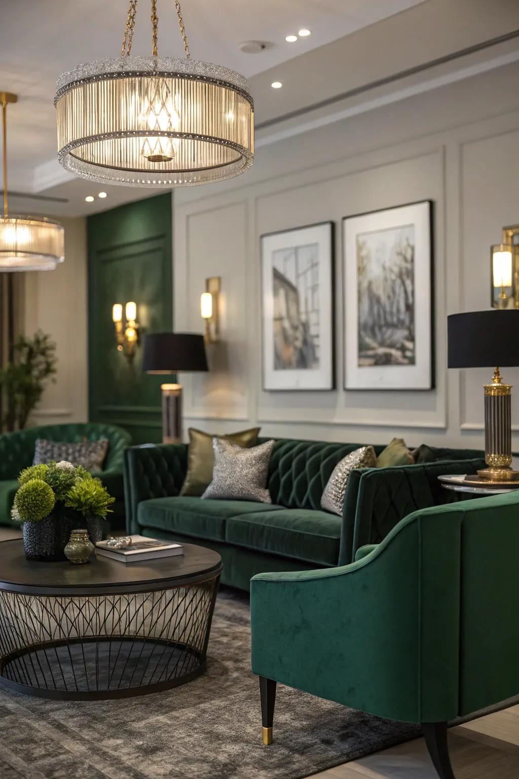 Modern lighting enhances the ambiance of a dark green living room.