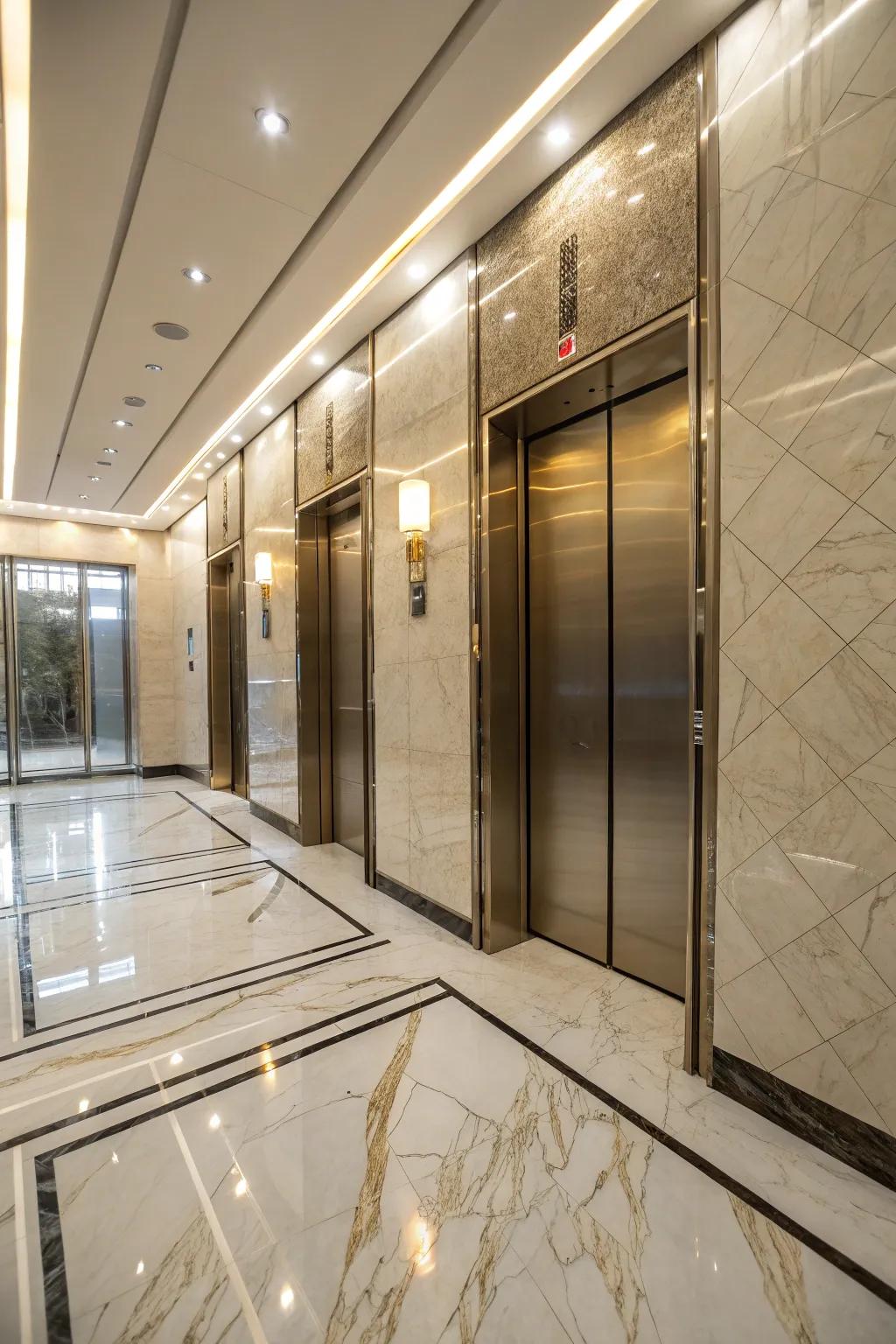 An elevator interior presents elegant stone flooring, conveying a sense of luxuriousness.