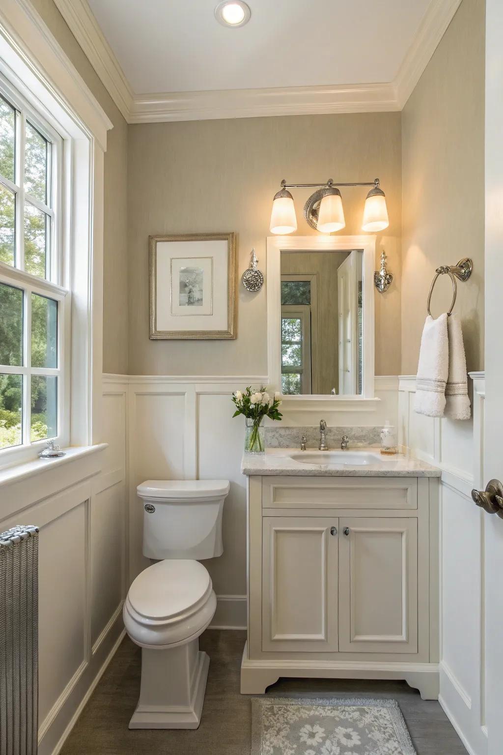 A powder room boasts a subtle color palette complemented by abundant natural lighting.