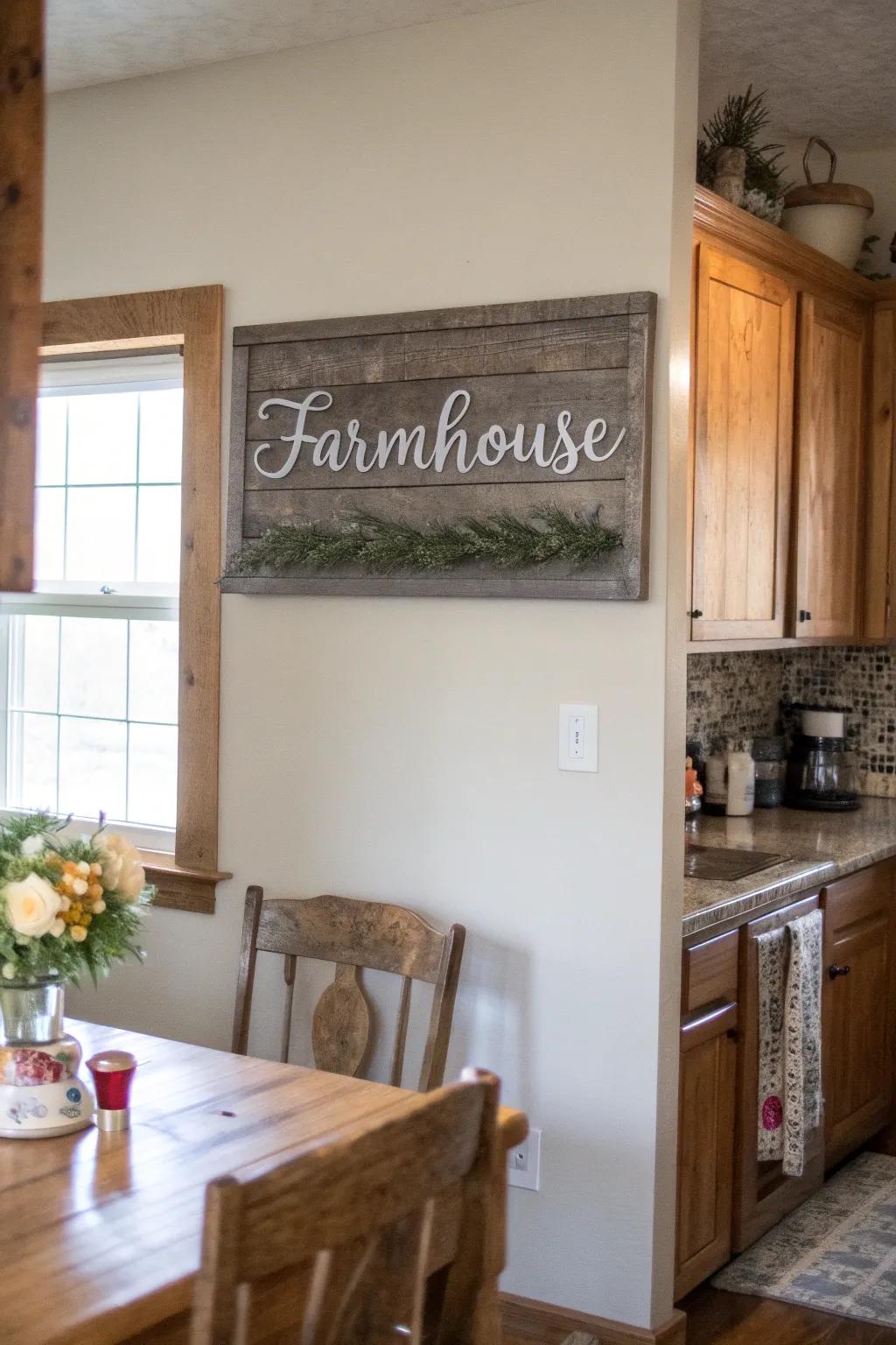 Personalized farmhouse panel in a cozy kitchen.
