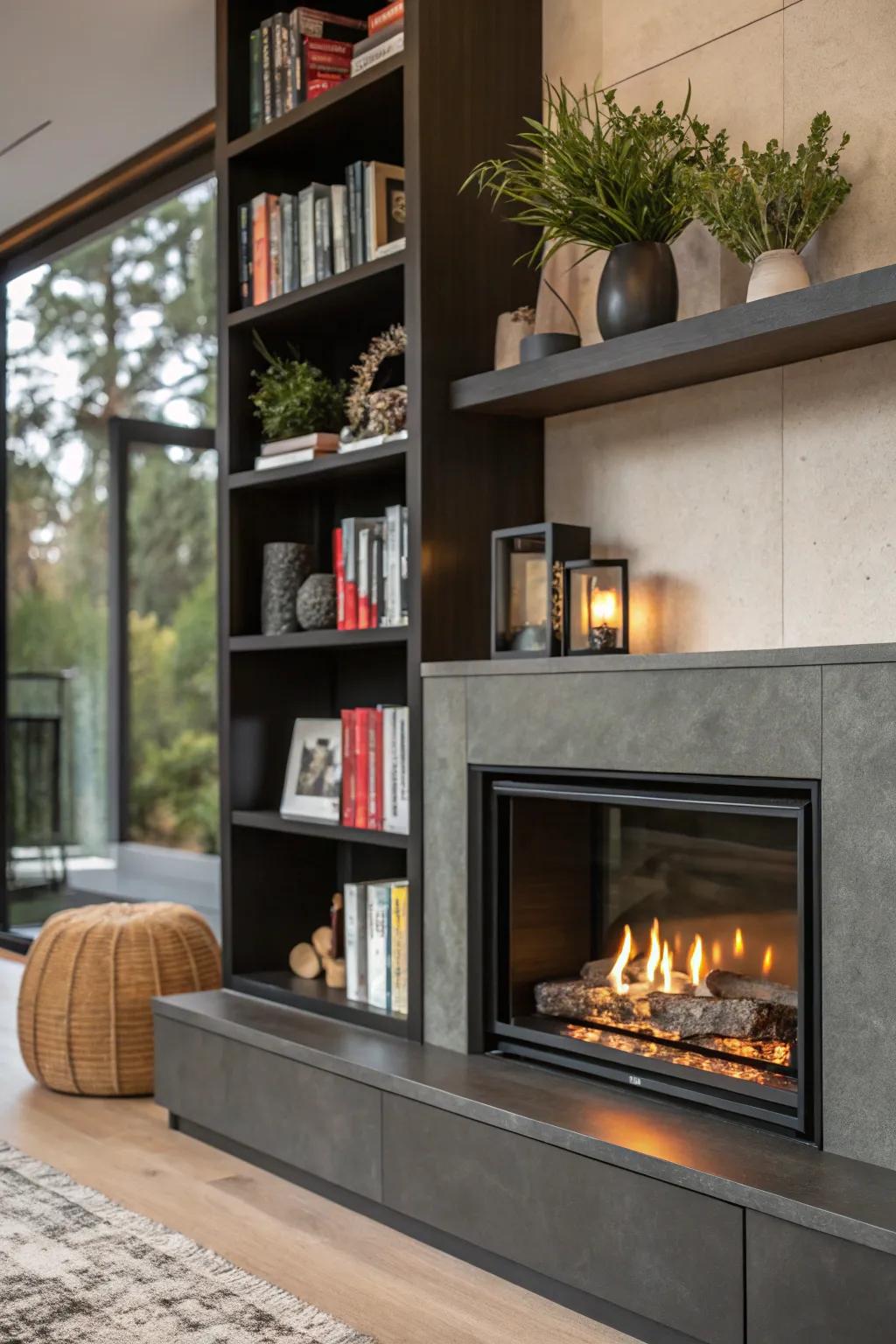 Contemporary fireplace with integrated shelving.