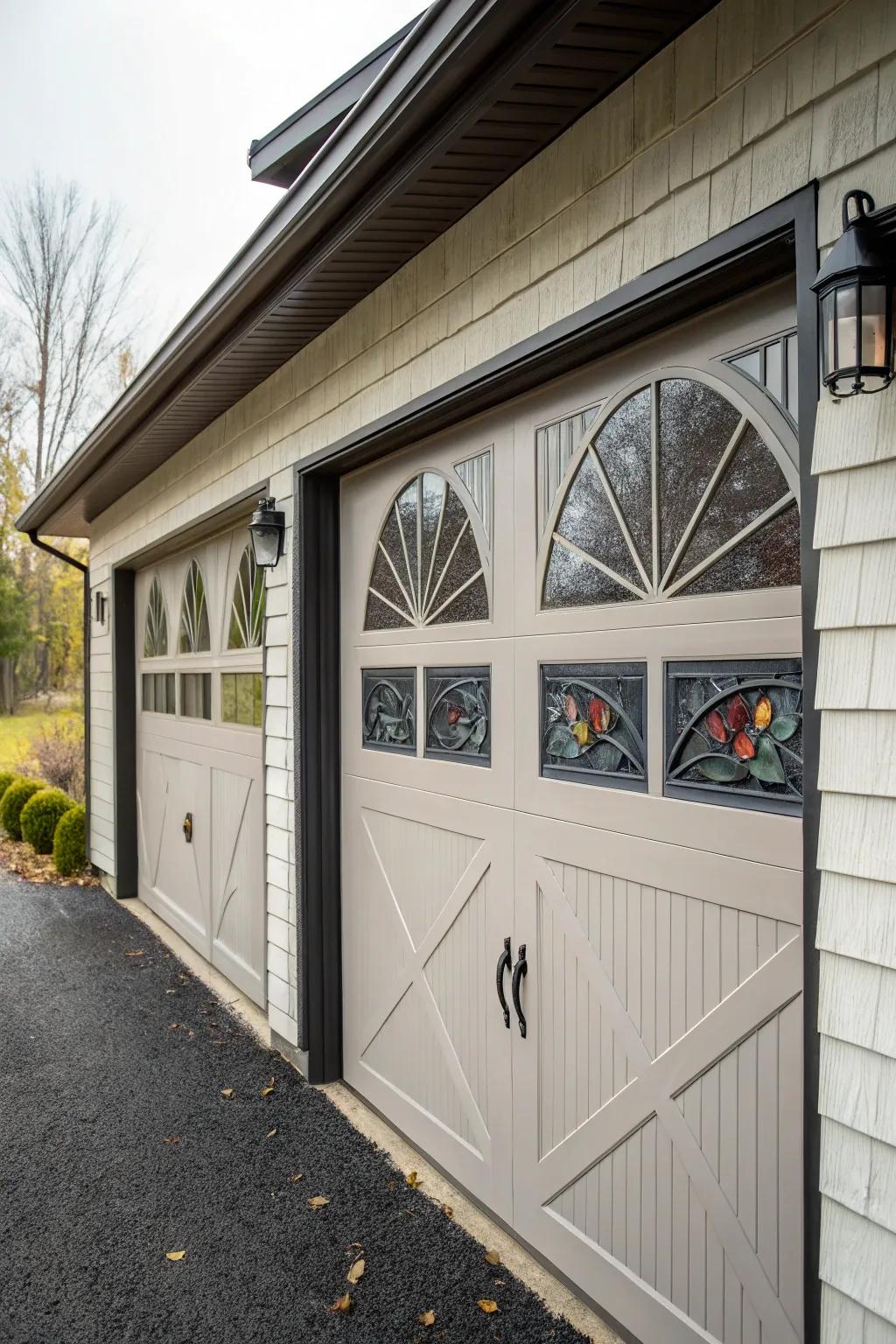 Unique window contours introduce architectural curiosity to garage doors.