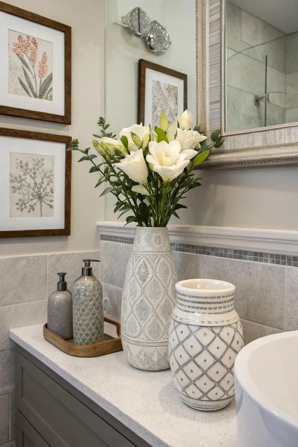 Ornamental aspects customize and refine the bathroom's aesthetic.