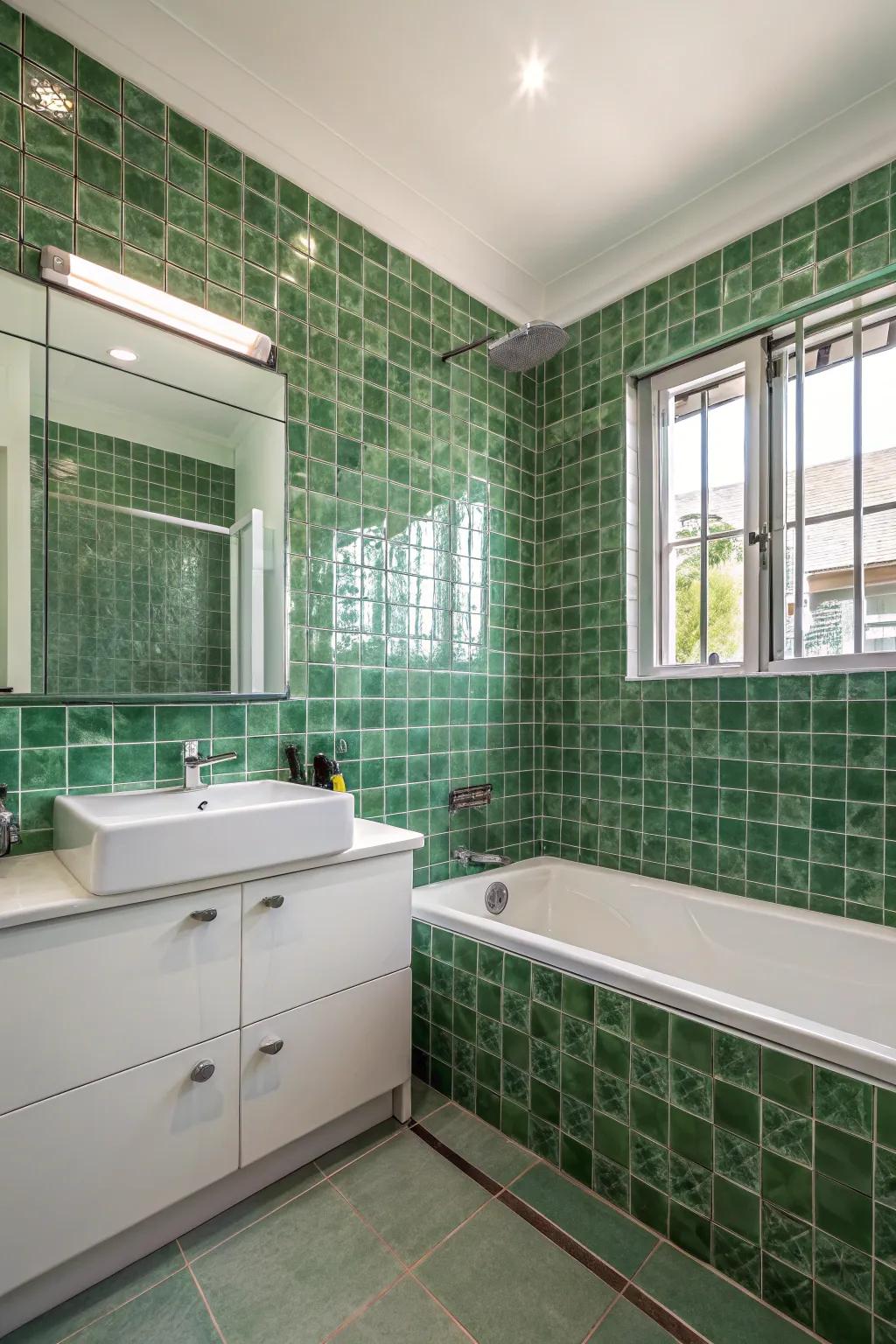 Streamlined and luminous with lustrous verdant glass tiles.