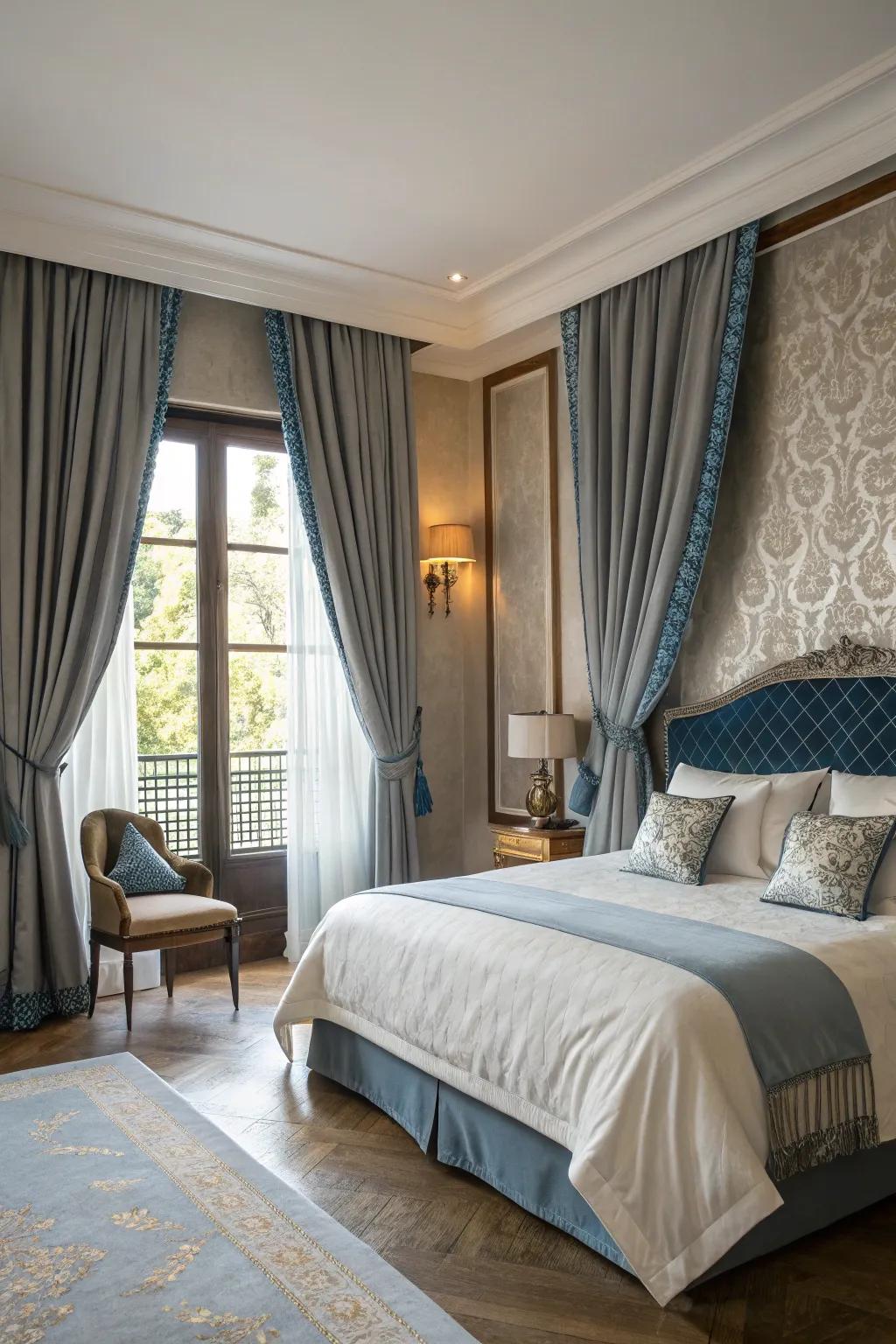 Grey window treatments and azure ribbons contribute a stylish contrast to your bedroom.