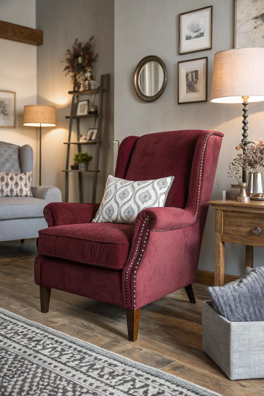 Living room featuring a statement burgundy chair alongside grey decor elements.