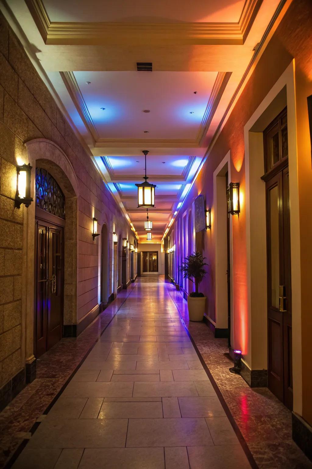 Blending warm and cold shades creates a dynamic hallway environment.