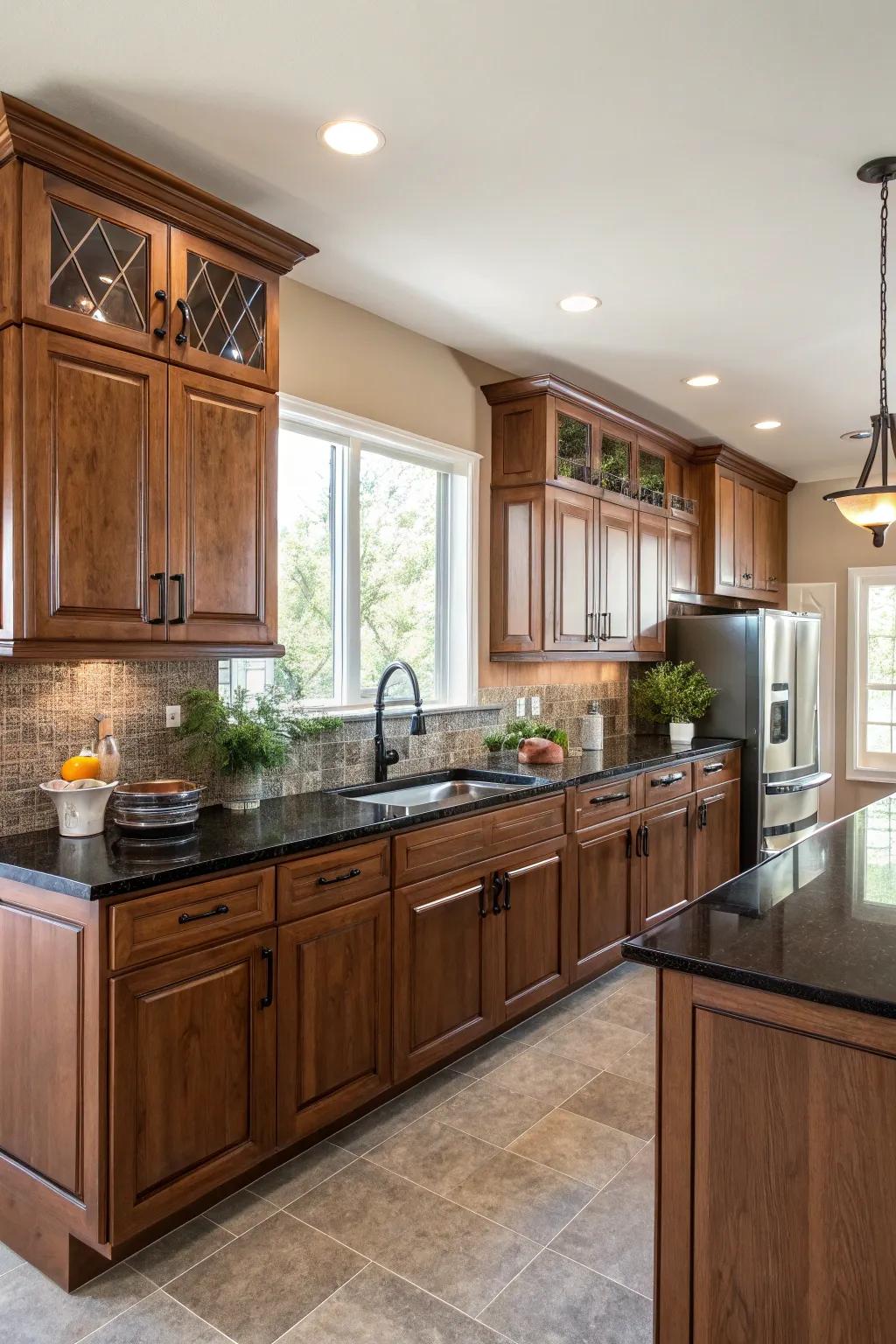 Comparison enhances drama and equilibrium to walnut culinary spaces.